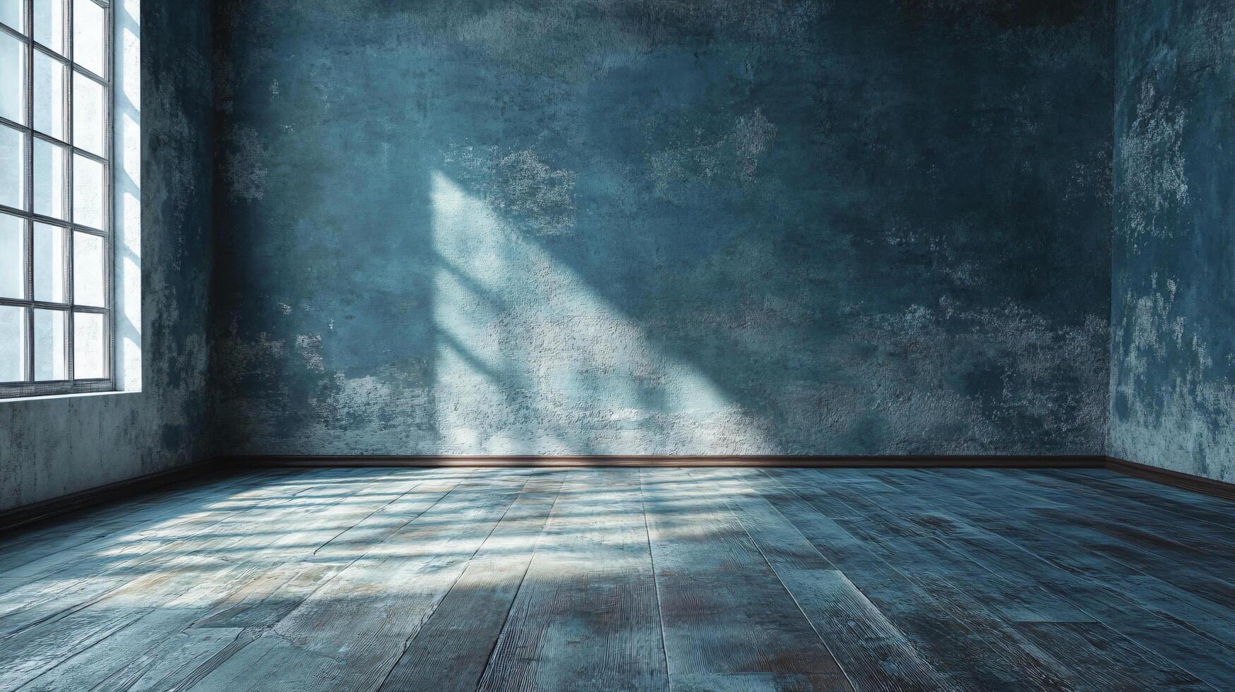Room with a blue wall and wooden floor. The room is empty and has a very simple design photo