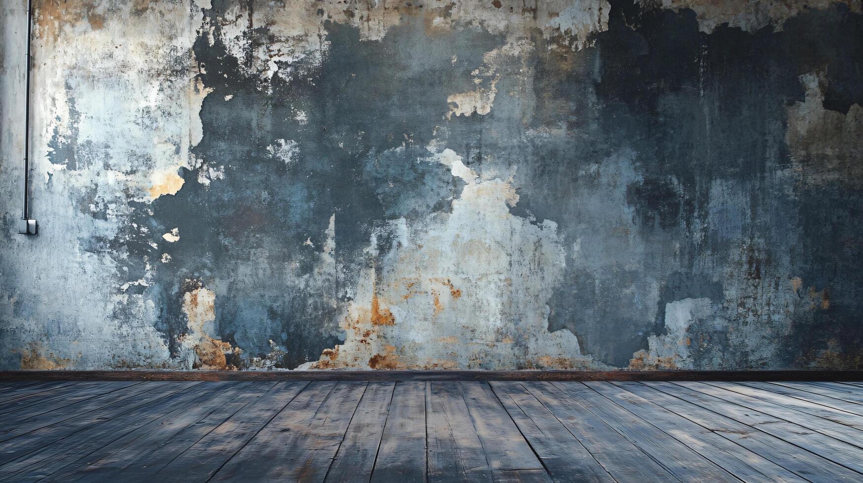 Large, empty room with a wall that is covered in peeling paint and has a lot of cracks photo