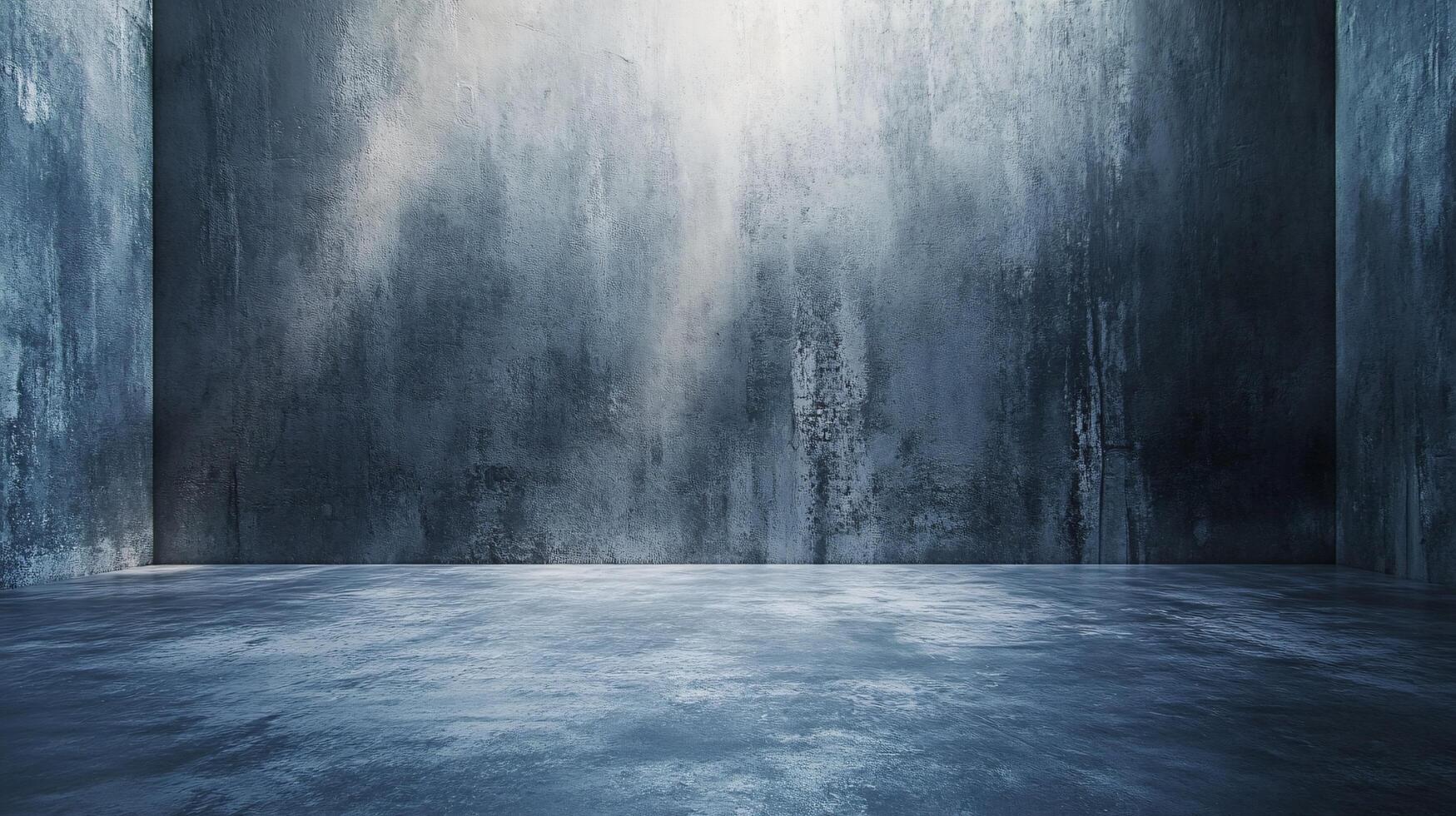 Large, empty room with a blue wall. The room is bare and empty, with no furniture or decorations. The blue wall gives the room a cold, sterile feel photo