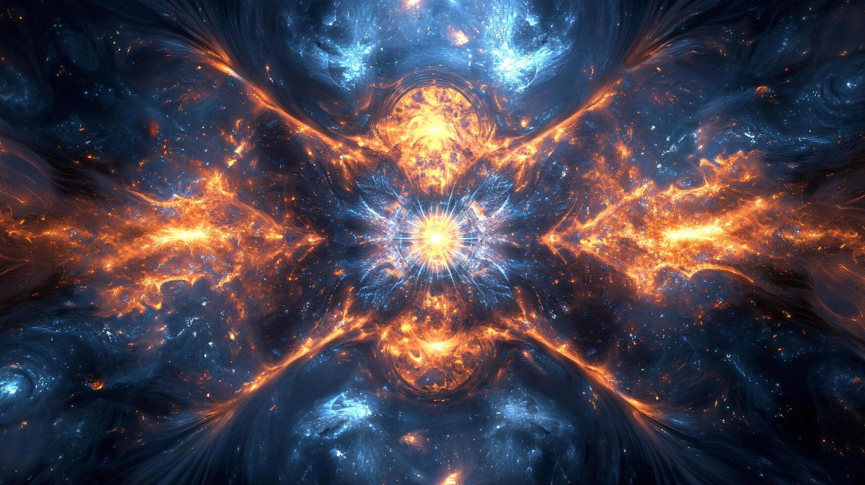 Colorful, abstract space scene with a large orange and blue star in the center. The star is surrounded by a blue and orange galaxy, with smaller stars scattered throughout. Scene is one of wonder photo
