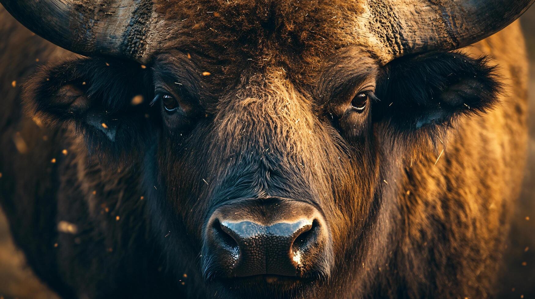 Large brown bull with a fierce look on its face. The bull is surrounded by a lot of dust and debris, giving it a rugged appearance photo