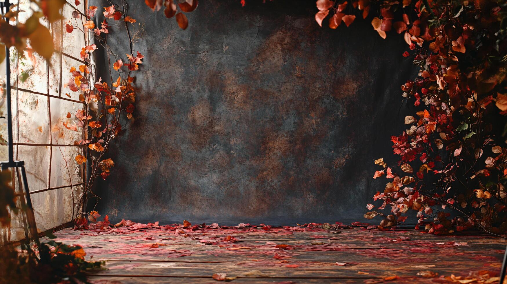 Dark room with a large archway and a wall of leaves. The leaves are orange and brown, and they are scattered all over the floor. The room has a rustic, autumnal feel to it photo