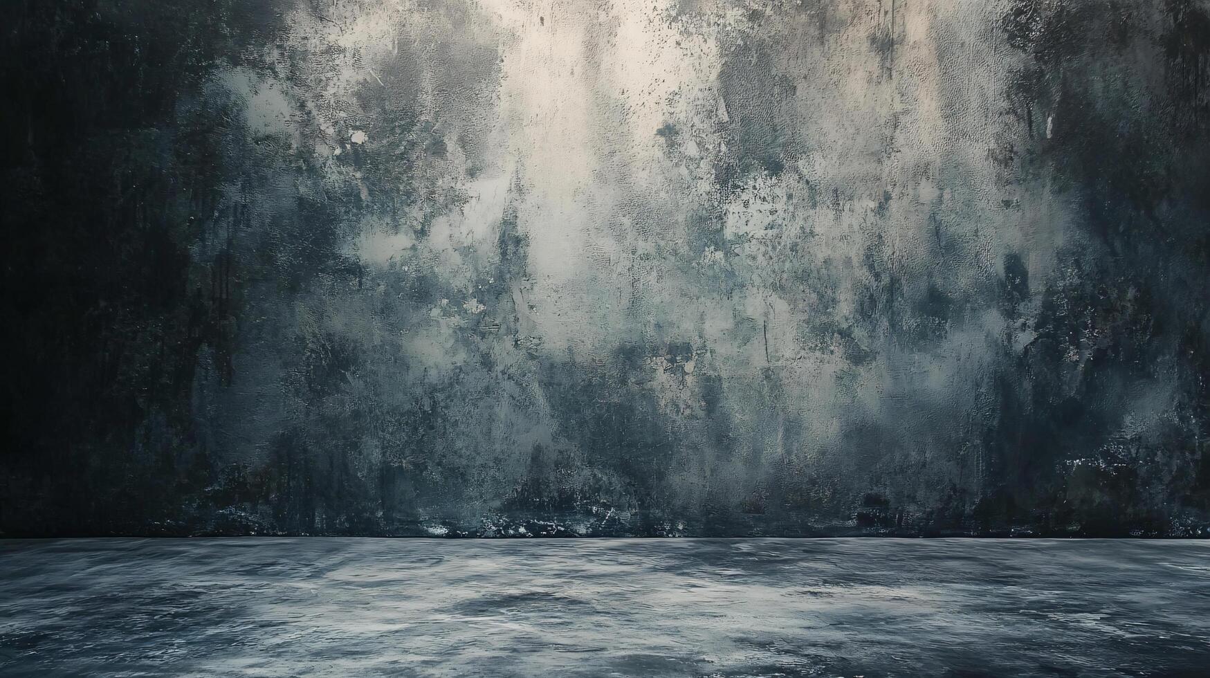 Large, empty room with a grey wall. The room is bare and empty, with no furniture or decorations. The grey wall gives the room a cold, sterile feel photo
