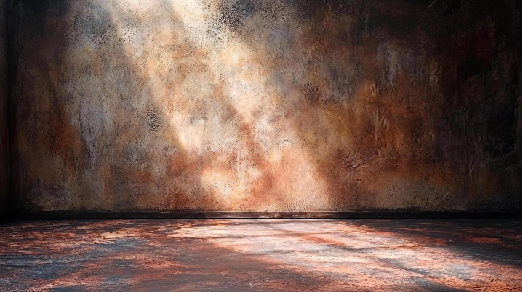 Large, empty room with a wall that is covered in graffiti. The room is dimly lit, with a single light shining on the wall. The graffiti on the wall gives the room a gritty, urban feel photo