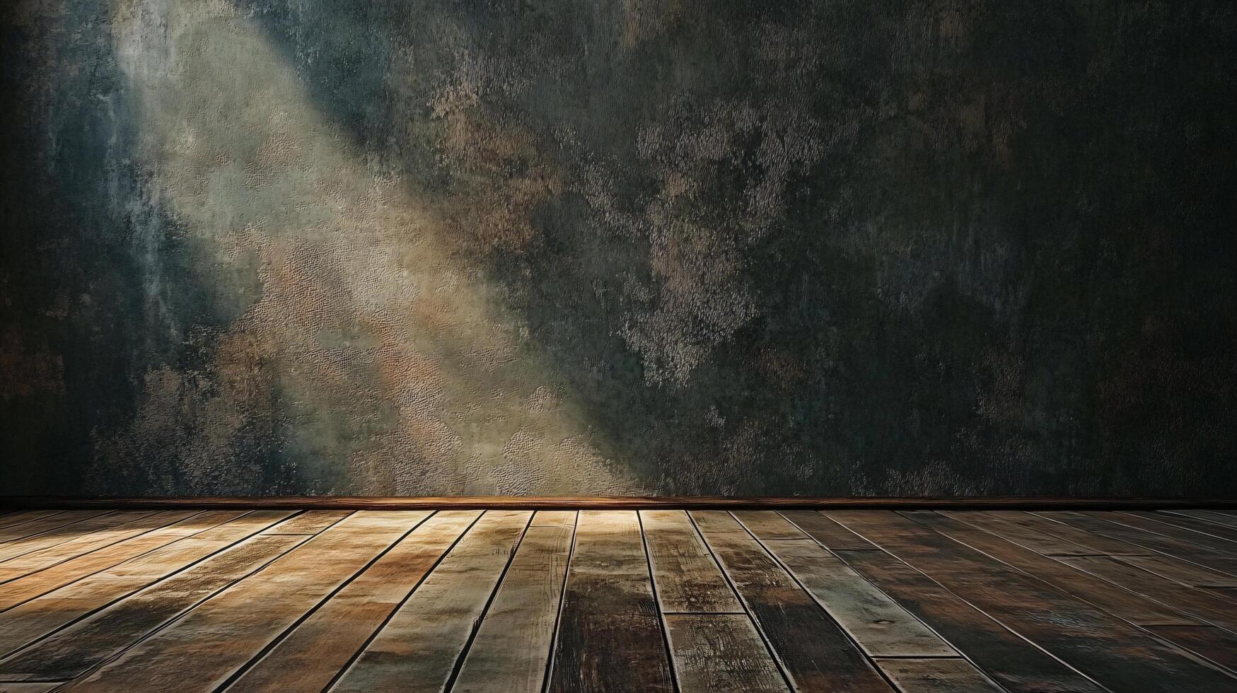 Large empty room with a wooden floor and a wall. The room is dark and empty, with no furniture or decorations. The wooden floor is the only visible element in the room photo