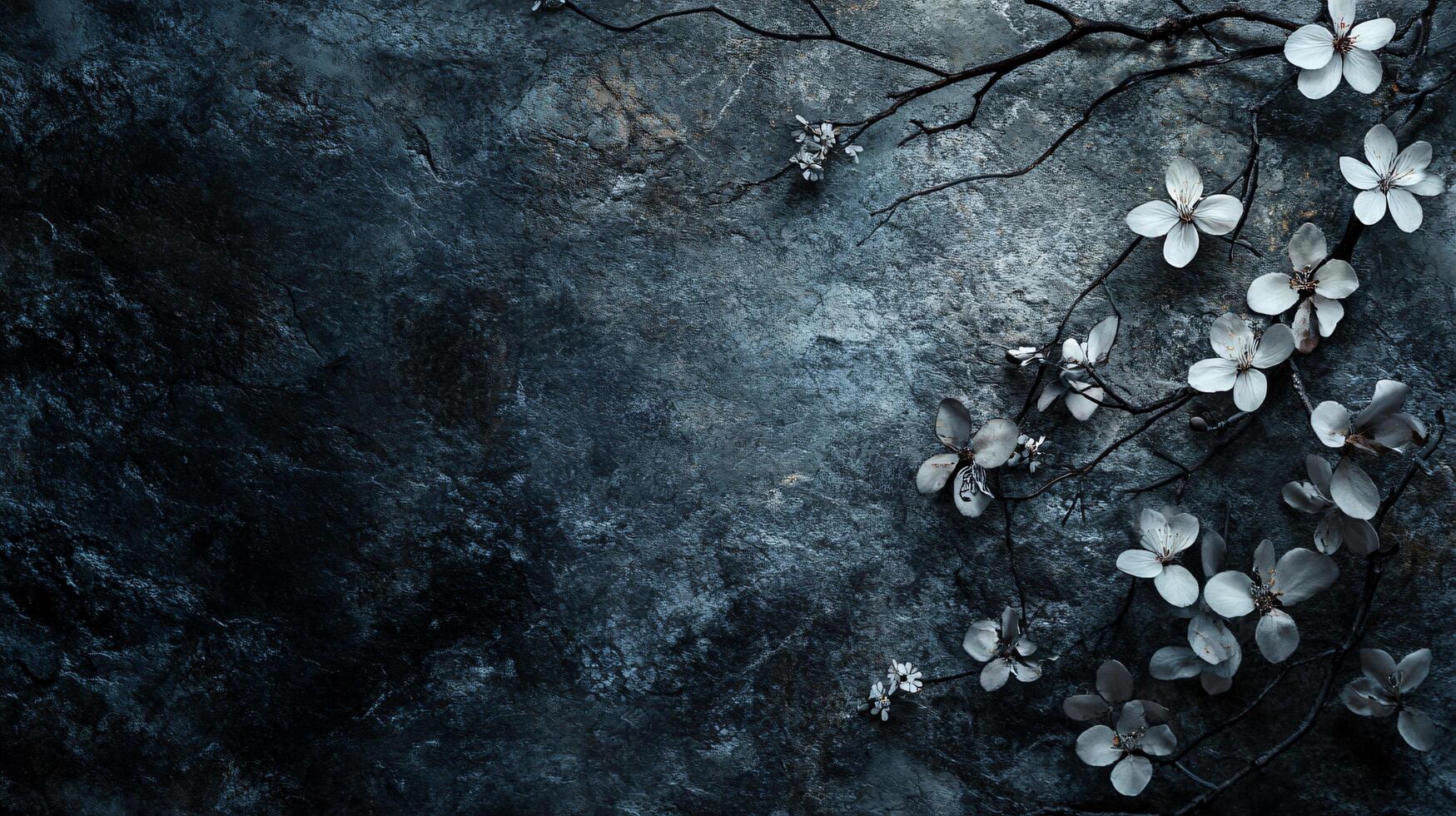 Blue background with white flowers. The flowers are in the foreground and are scattered throughout the image. Scene is calm and peaceful, as the flowers are delicate and serene photo