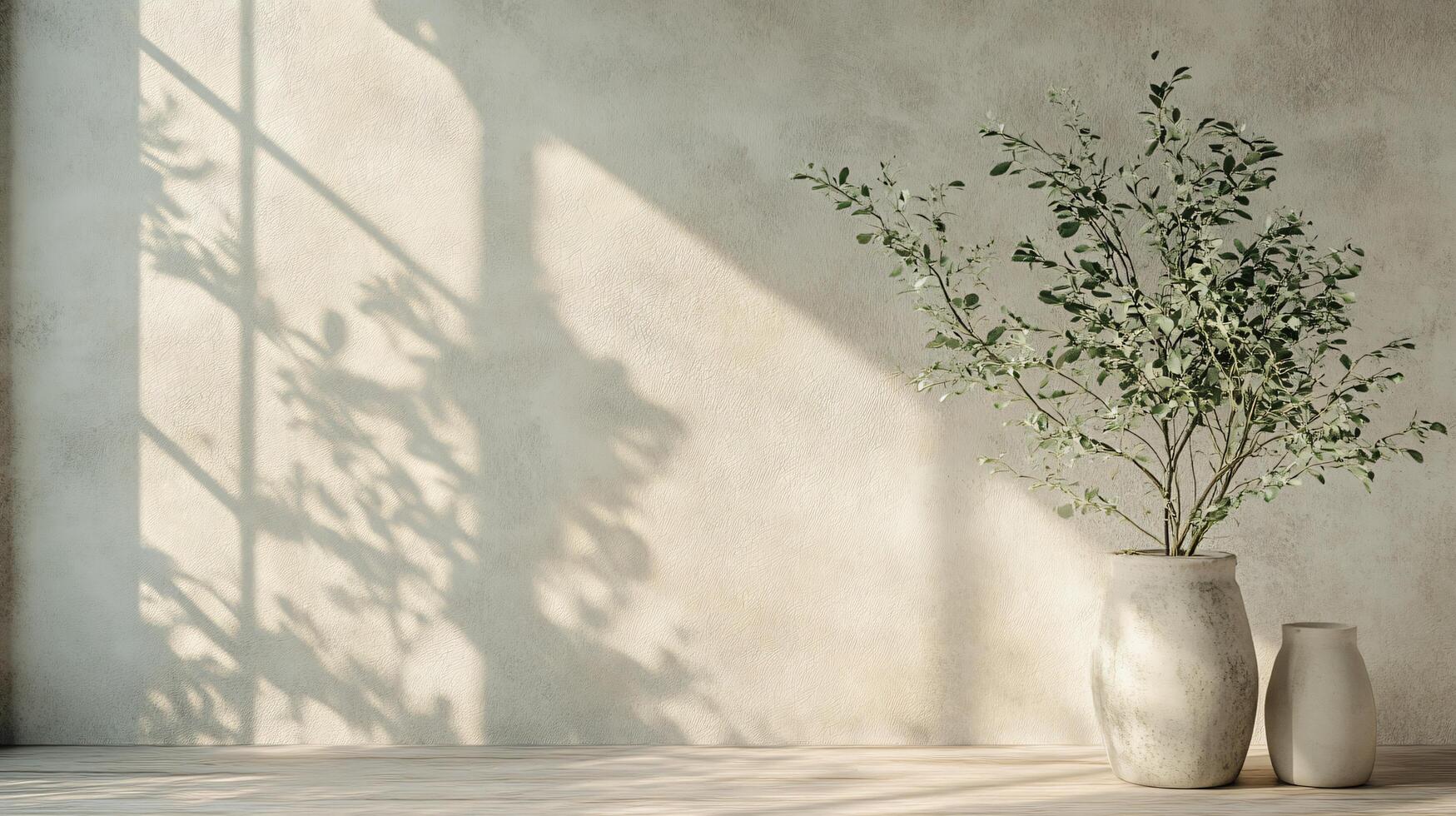 White vase with a plant in it sits on a table in front of a wall. The plant casts a shadow on the wall, creating a sense of depth and dimension. The vase and plant together create a sense of calm photo