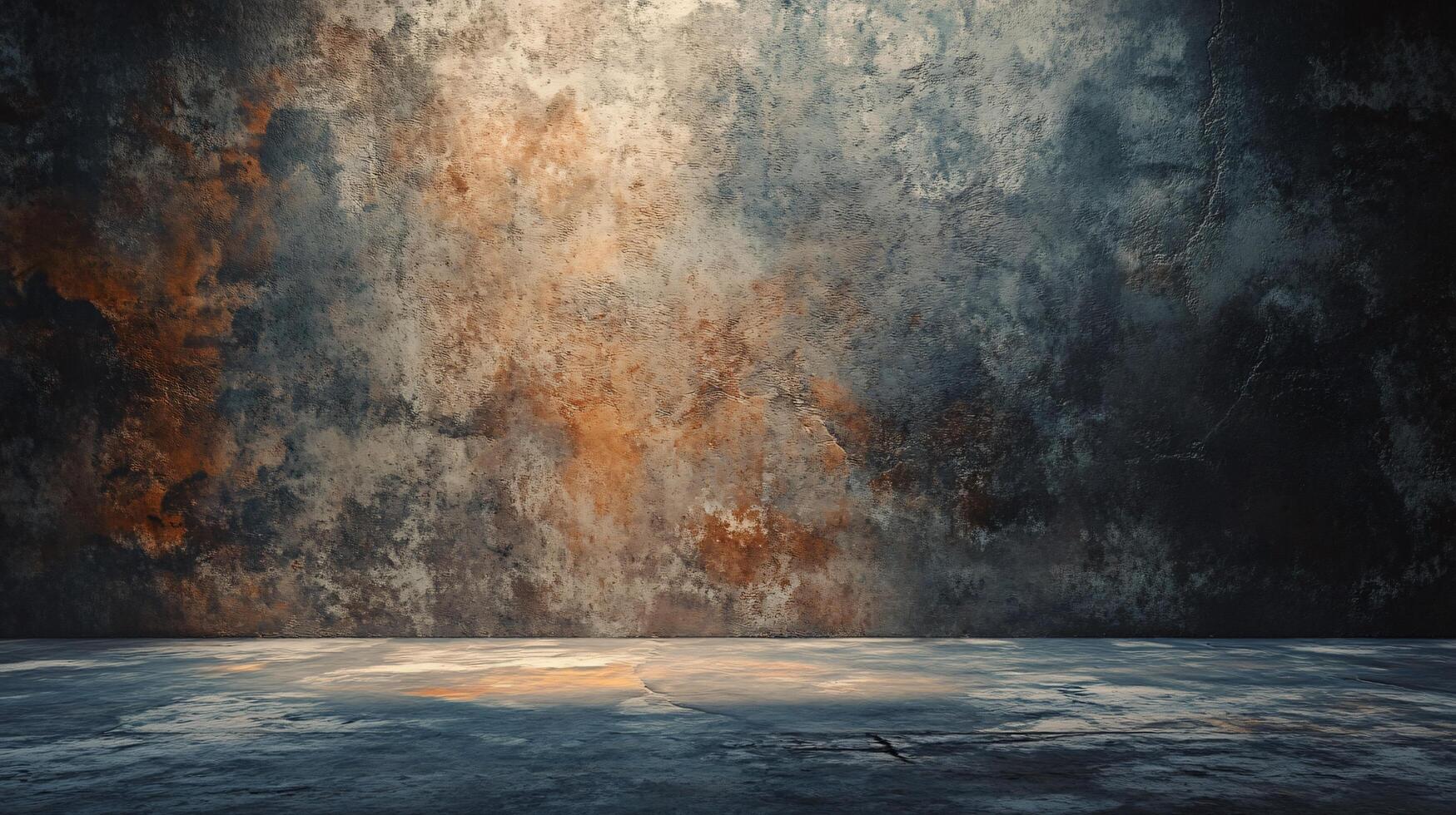 Large, empty room with a wall that is covered in graffiti. The room is dark and the wall is covered in a variety of colors and textures. The graffiti adds a sense of chaos and disorder to the space photo