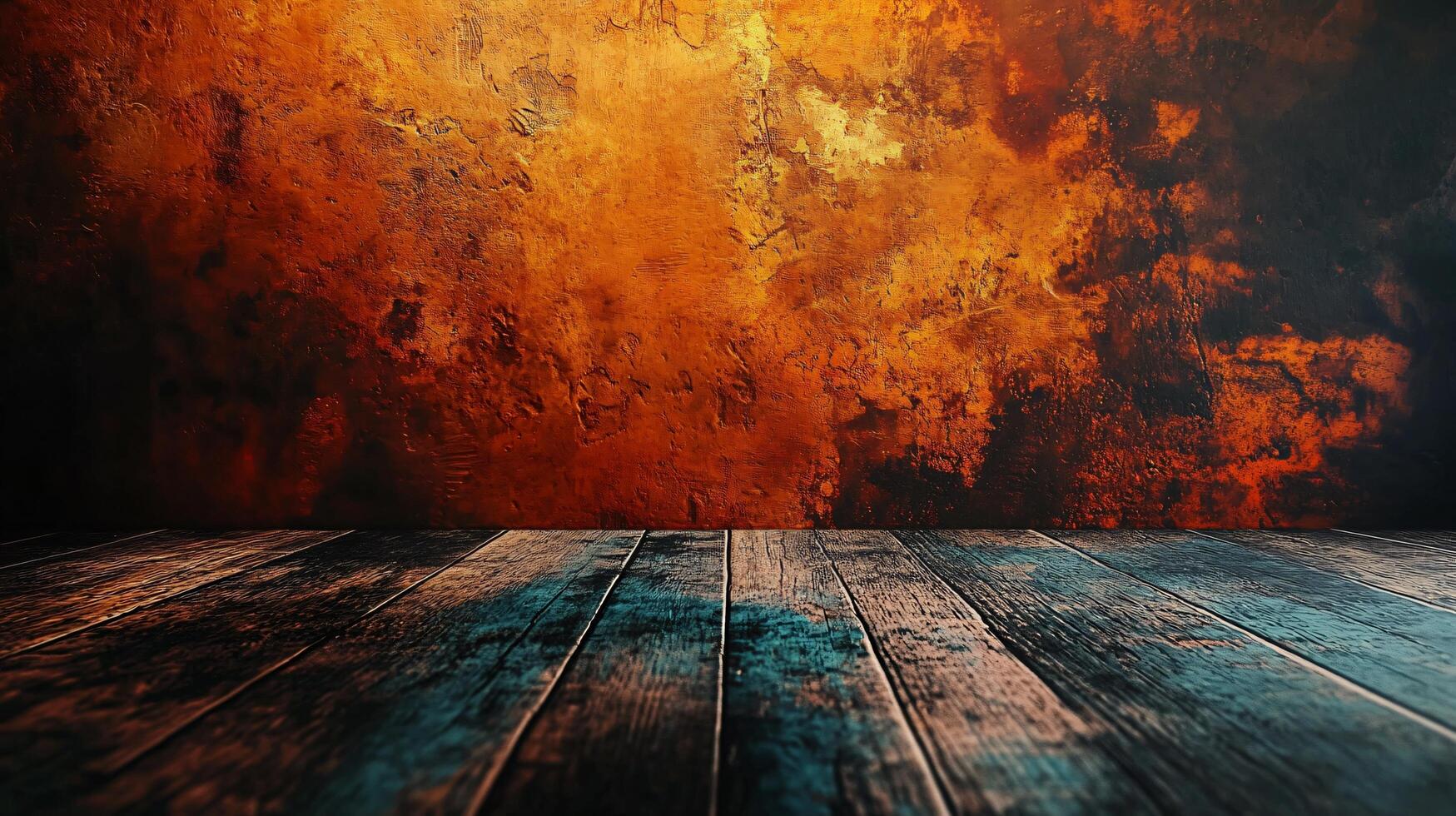 Wooden floor with a burnt orange wall behind it. The wall has a lot of texture and he is made of wood photo
