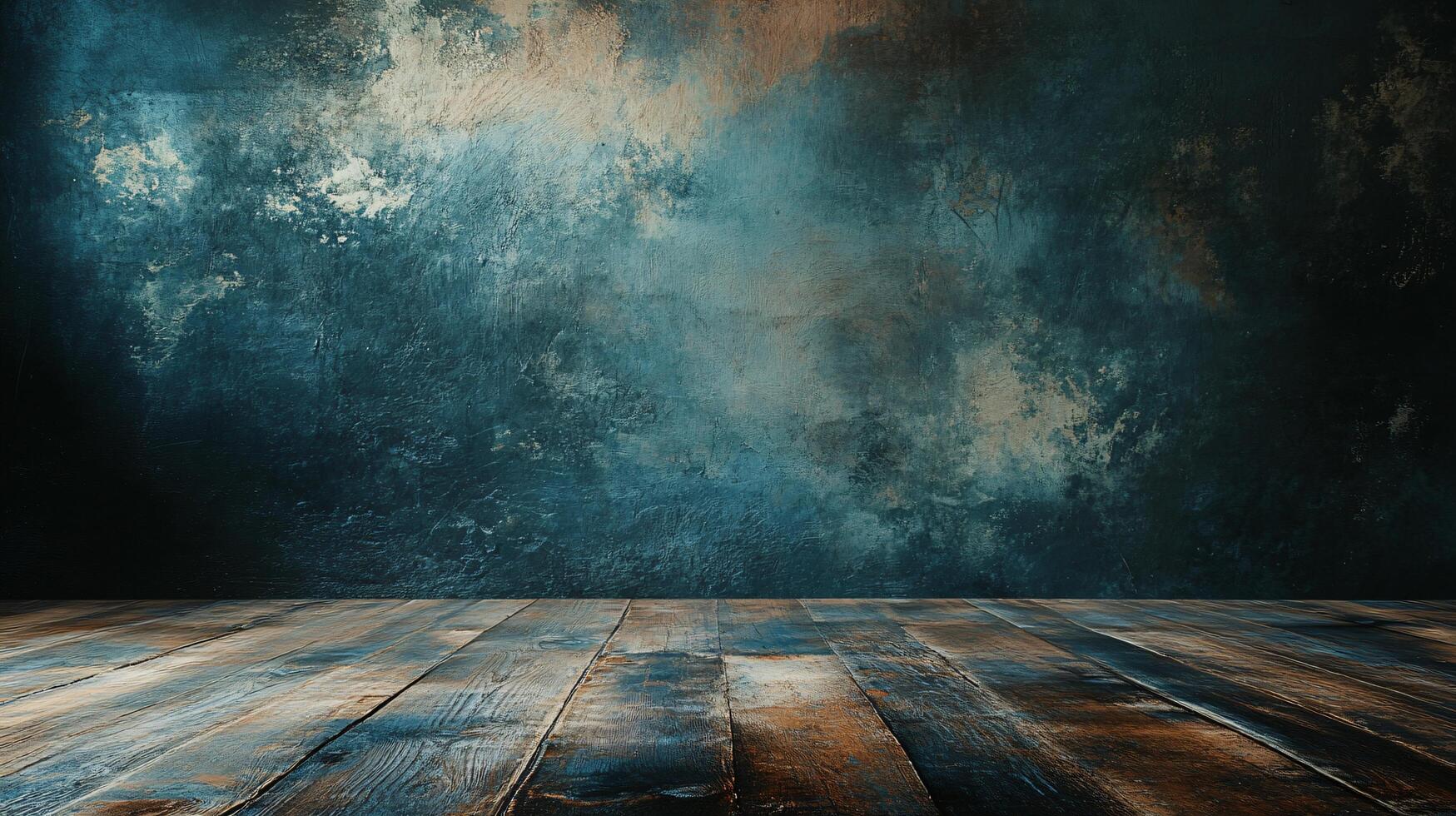 Blue and brown wall with a wooden floor. The wall is covered in paint and has a textured surface. The floor is made of wood and has a worn appearance. Scene is somewhat somber and melancholic photo