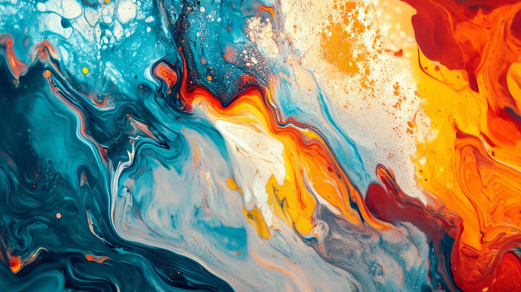 Painting with blue, orange and white colors. The painting has a lot of splatters and seems to be abstract photo