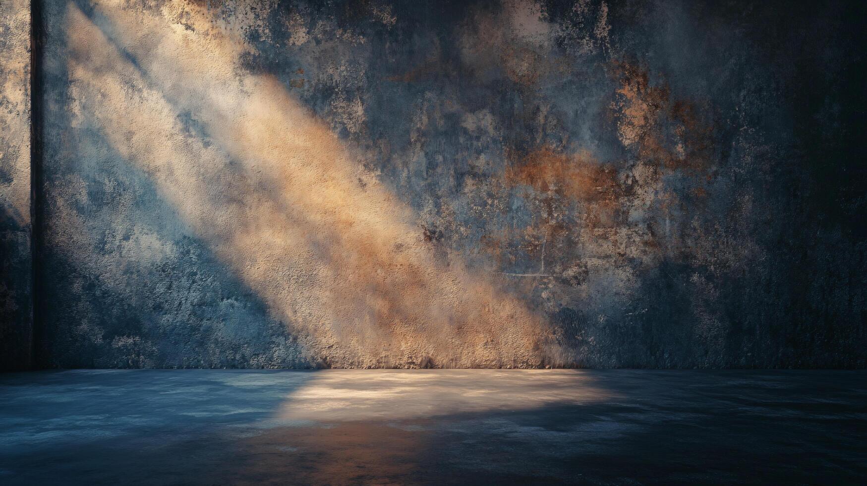 Room with a wall that is covered in graffiti and has a light shining on it. The light creates a shadow on the wall, making the room feel more open and inviting photo