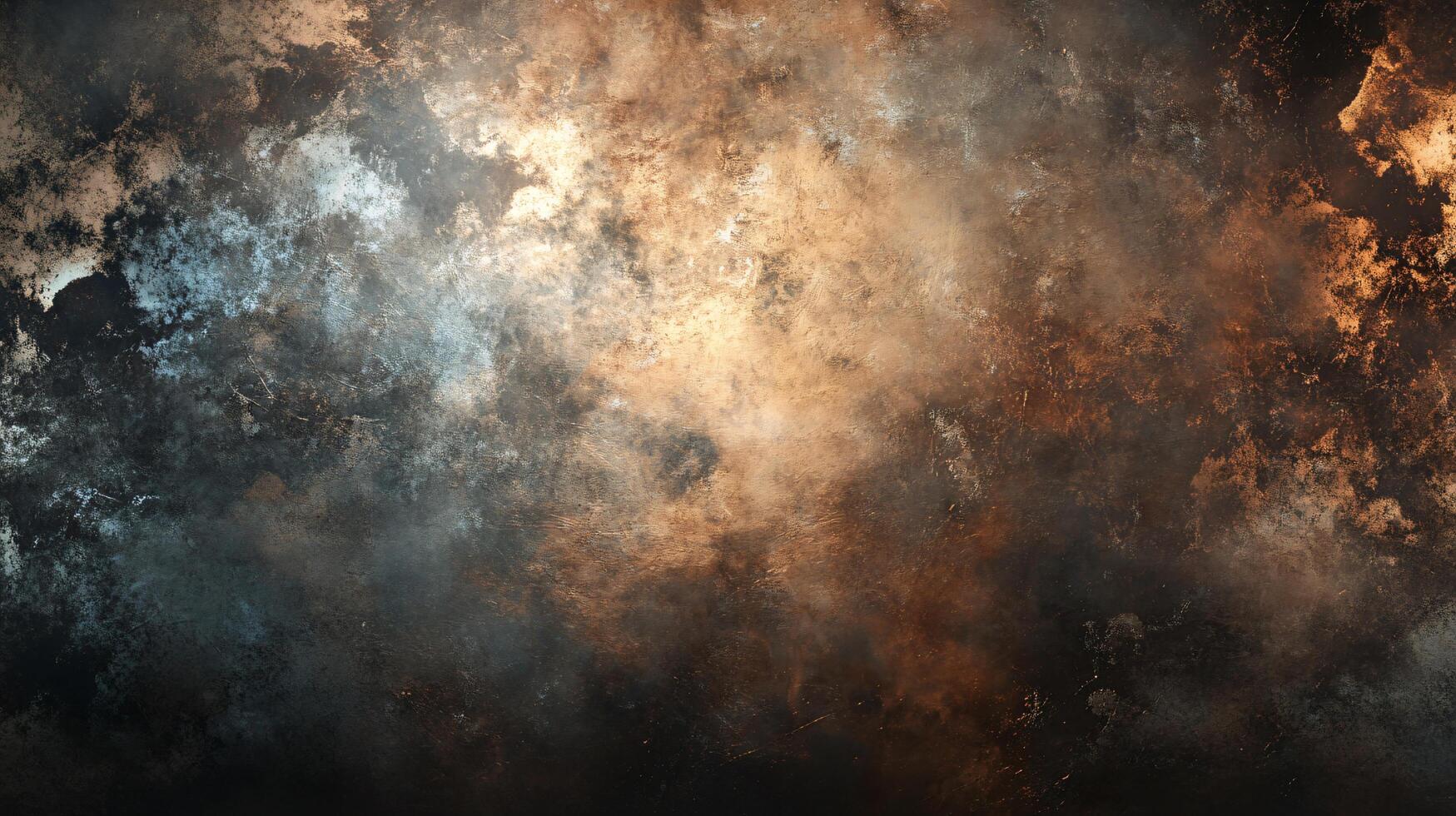 Blurry, abstract painting with a mix of blue, orange, and brown colors. The painting has a sense of chaos and disorder, with the colors blending together in a hazy, dreamlike atmosphere photo