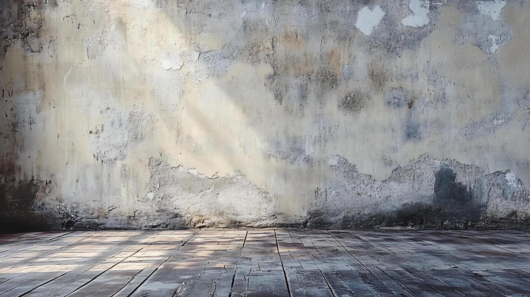 Large, empty room with a wall that is covered in cracks and peeling paint. The room is filled with sunlight, creating a warm and inviting atmosphere photo