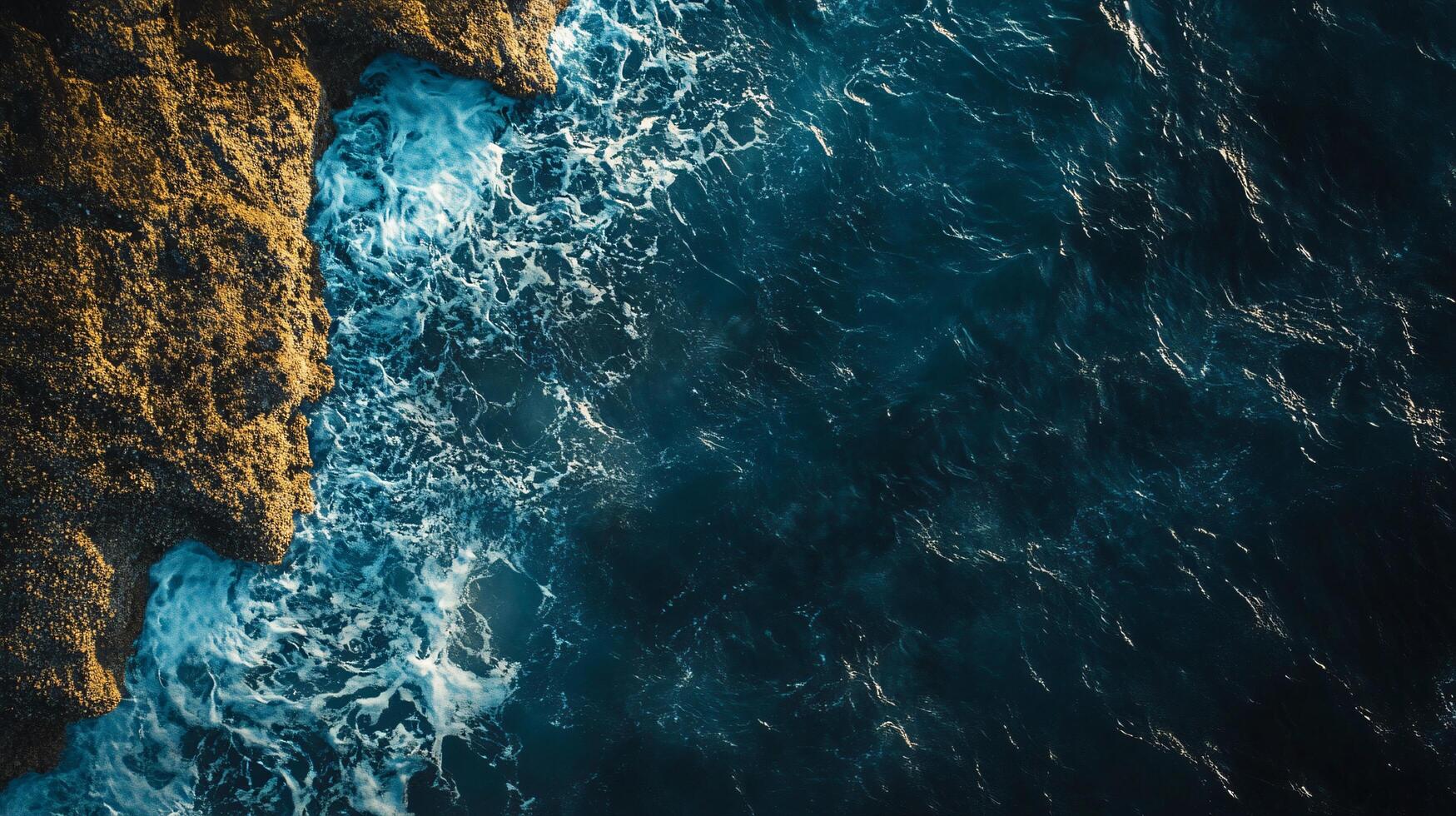 The ocean is calm and the water is blue. The rocks are brown and the water is clear photo