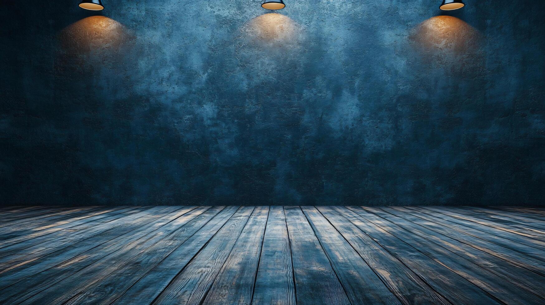 Blue room with wooden floors and three lights. The room is empty and has a minimalist feel photo