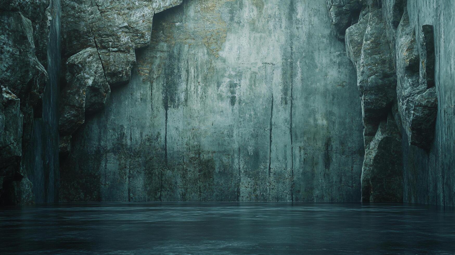 Large, empty room with a wall of concrete and a large body of water. Scene is one of emptiness and solitude photo