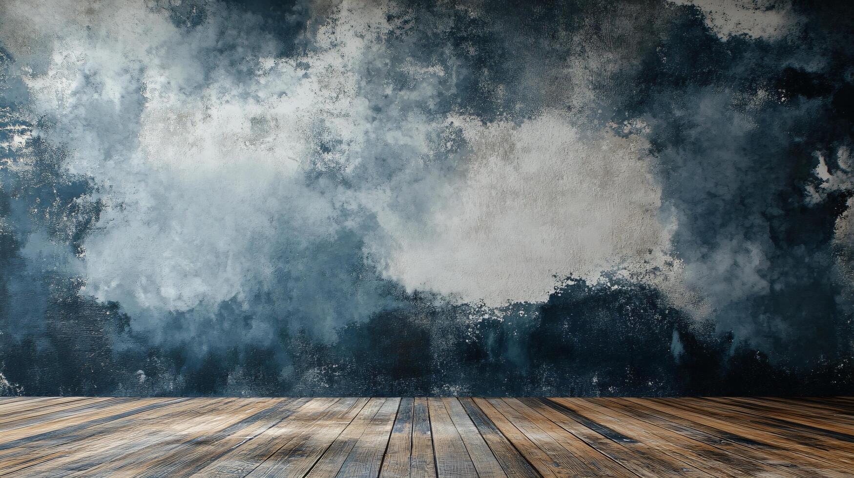 Large, empty room with a blue wall and wooden floor. The room is filled with a lot of space and has a very open feel to it. The blue wall and wooden floor give the room a calm photo
