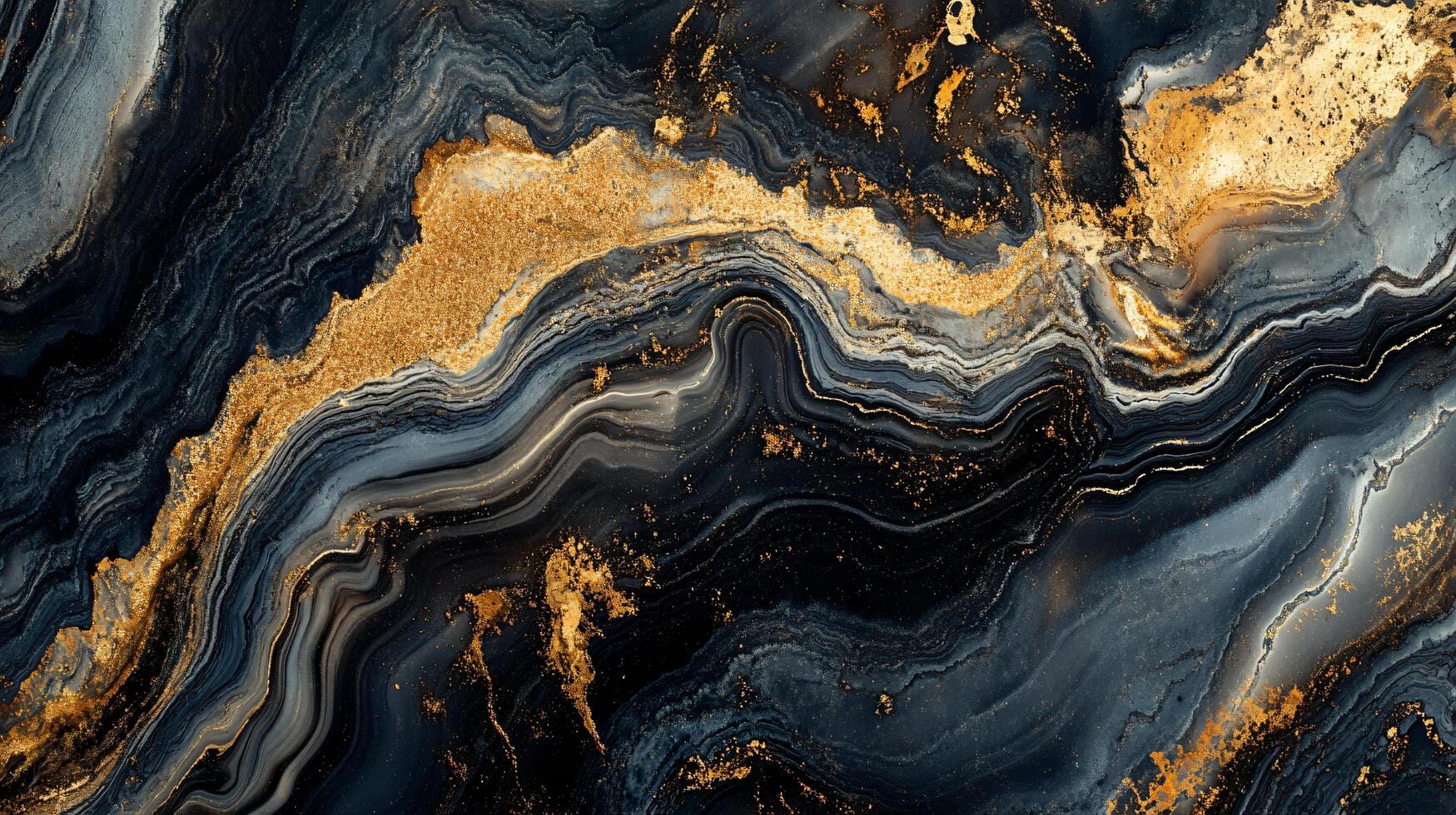Gold and black painting with a lot of texture. The gold is scattered throughout the painting, giving it a luxurious feel. The black background adds depth and contrast to the gold photo