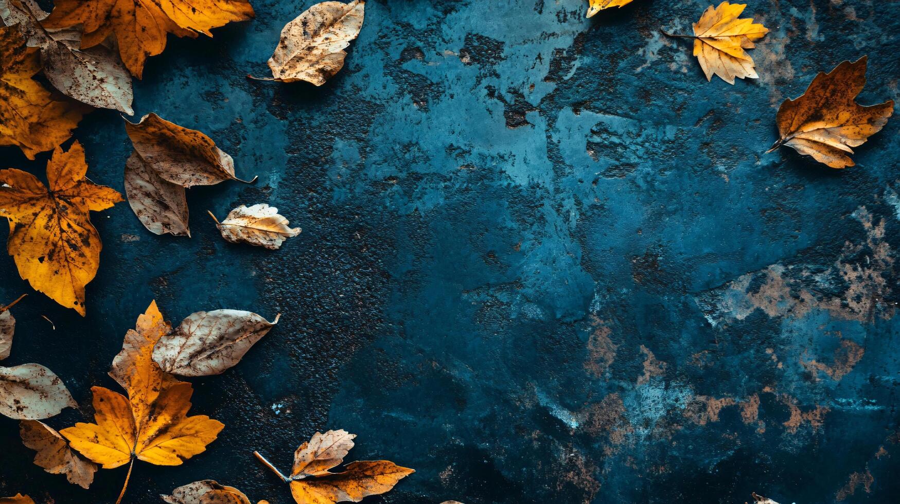 Blue background with a bunch of yellow leaves scattered around it. The leaves are of different sizes and shapes, and they are arranged in a way that creates a sense of depth and movement photo
