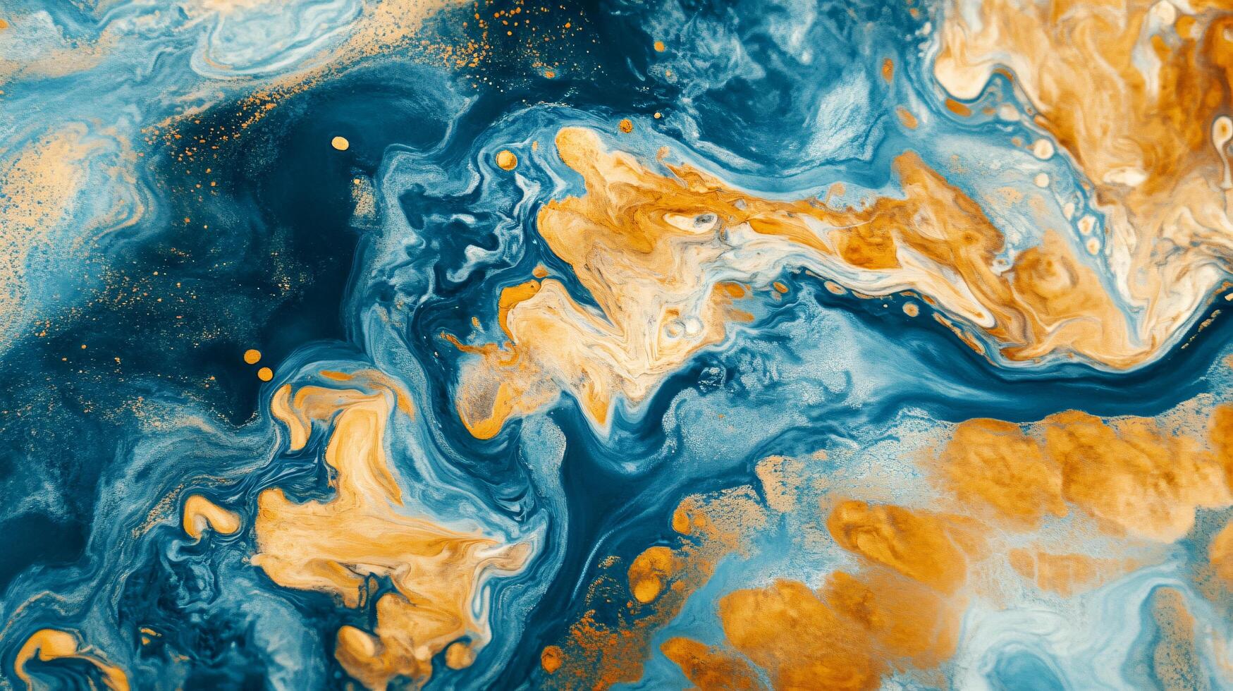 The painting is a beautiful mix of blue and gold colors, with a lot of gold swirls and splatters. The blue and gold colors create a sense of movement and energy photo