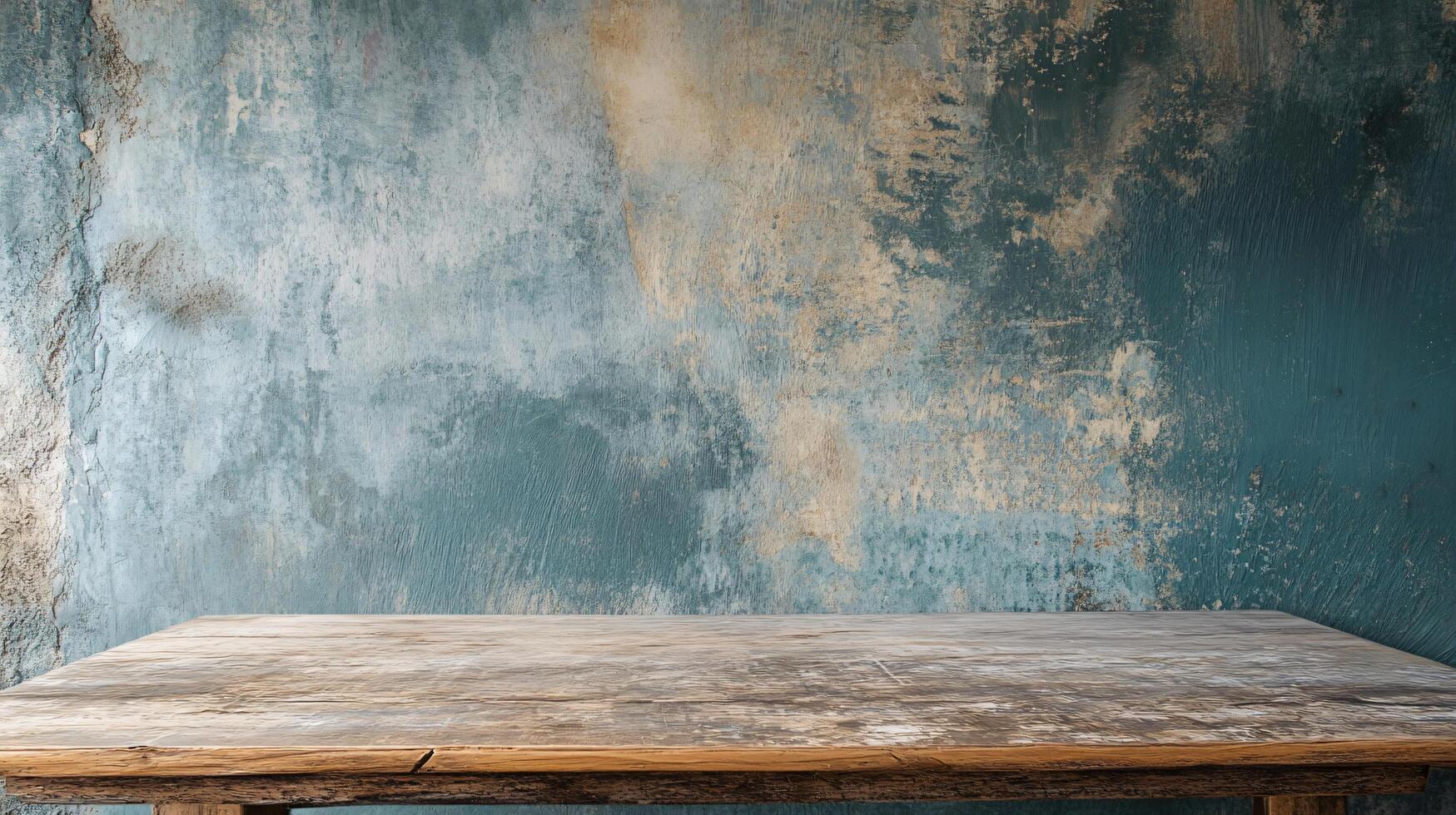 Wooden table with a blue wall behind it. The wall has a lot of paint peeling off and the table is empty photo