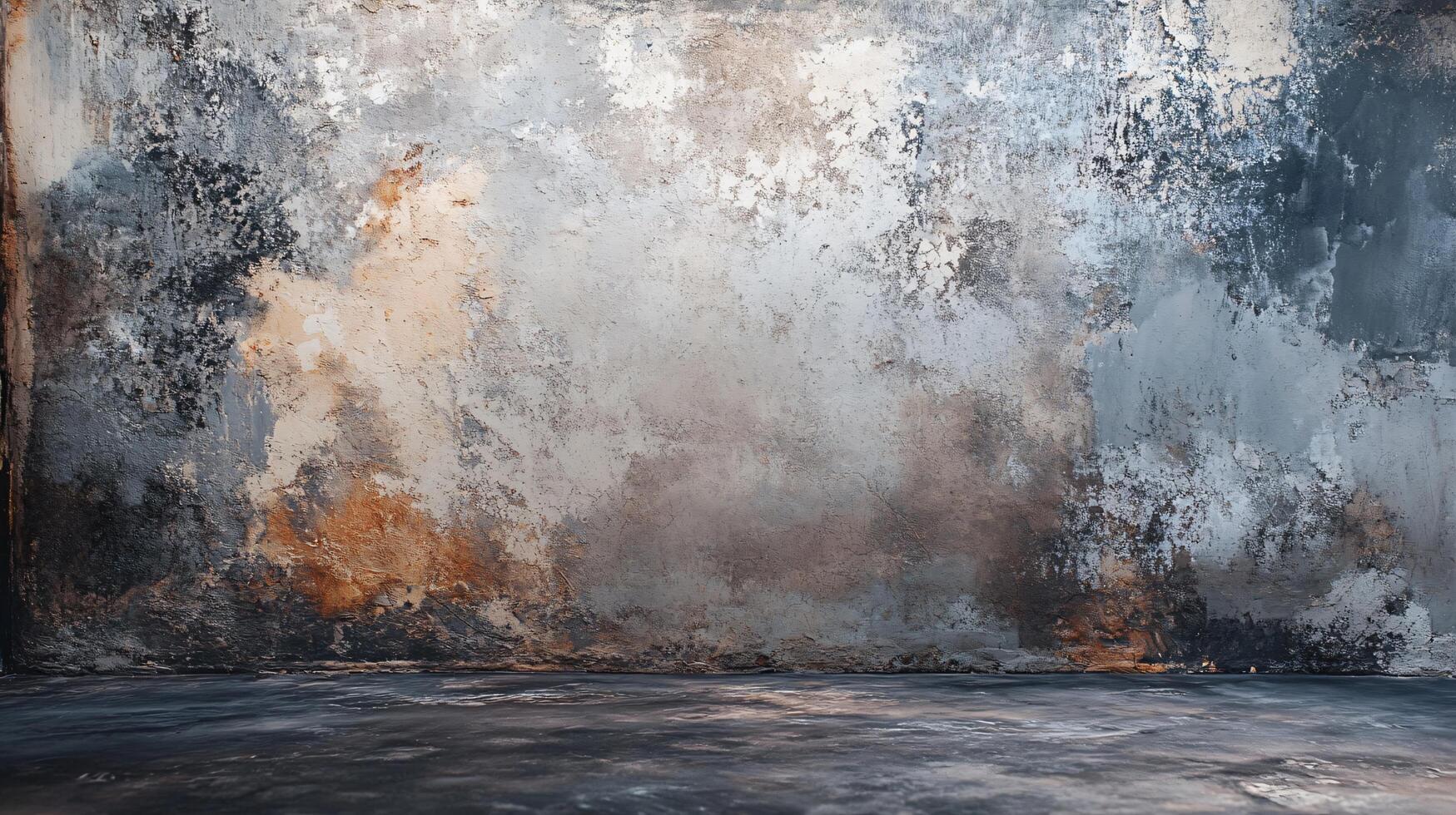 Large, empty room with a grey wall and a few brown spots. The room is bare and empty, with no furniture or decorations. The mood of the room is somber and bleak, with the grey wall photo