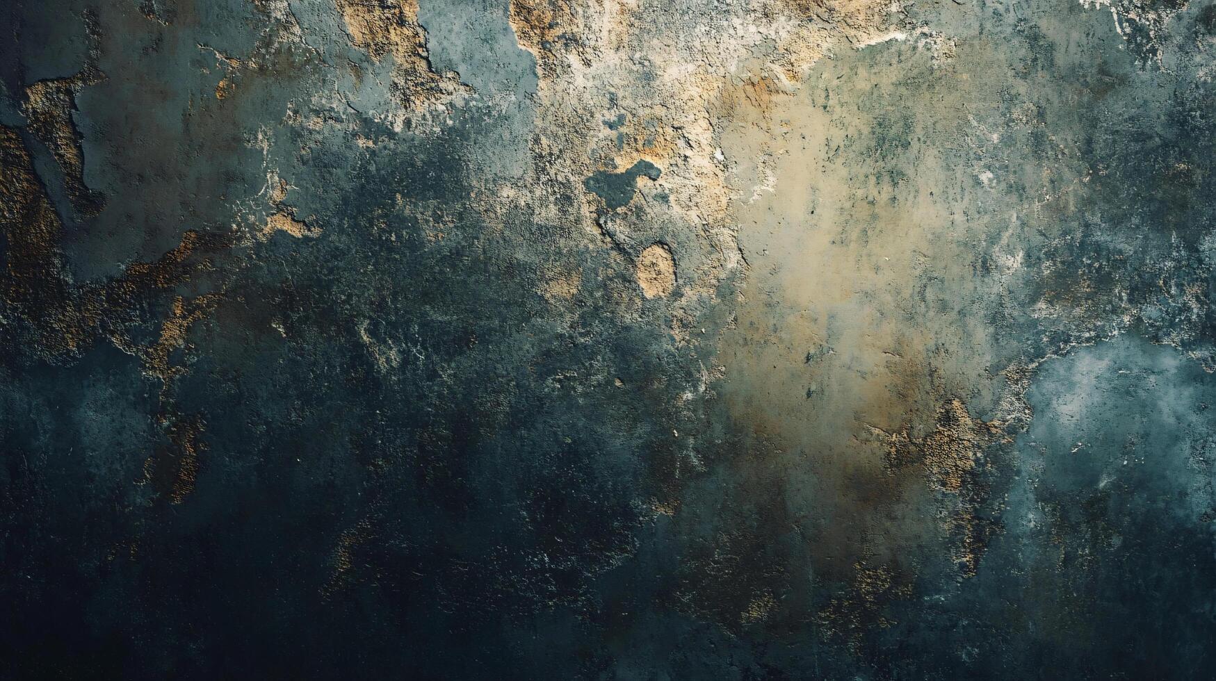 Painting of a cloudy sky with a gold and blue color scheme. The painting has a moody and mysterious feel to it photo