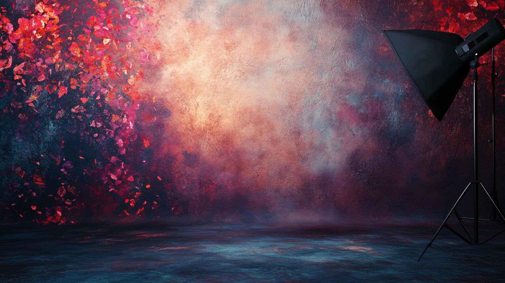 Black light is on a tripod in front of a wall with a red and pink background. The wall is covered in a textured paint that gives it a unique and artistic appearance photo