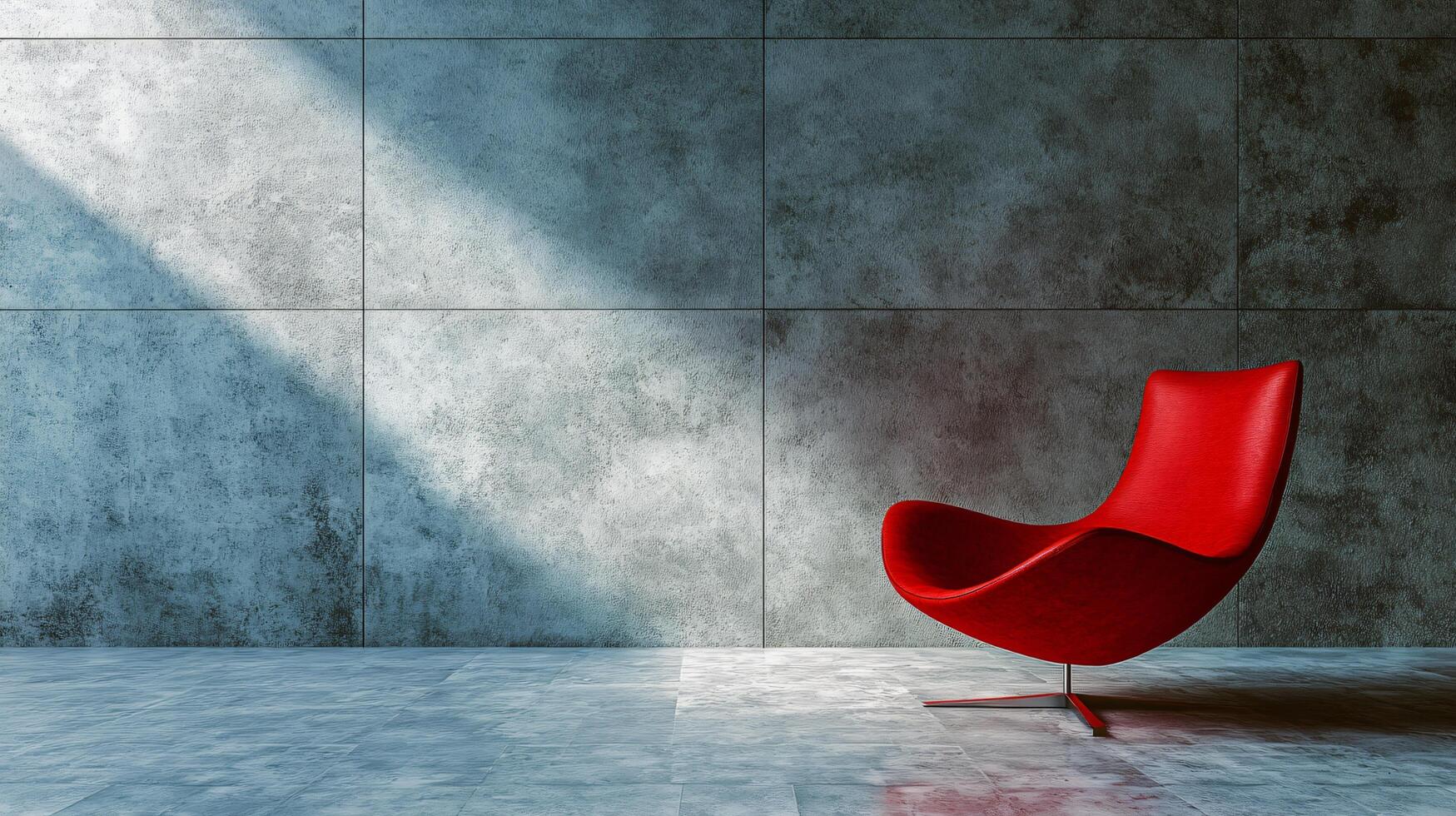 Red chair is sitting in front of a wall. The chair is the only piece of furniture in the room photo
