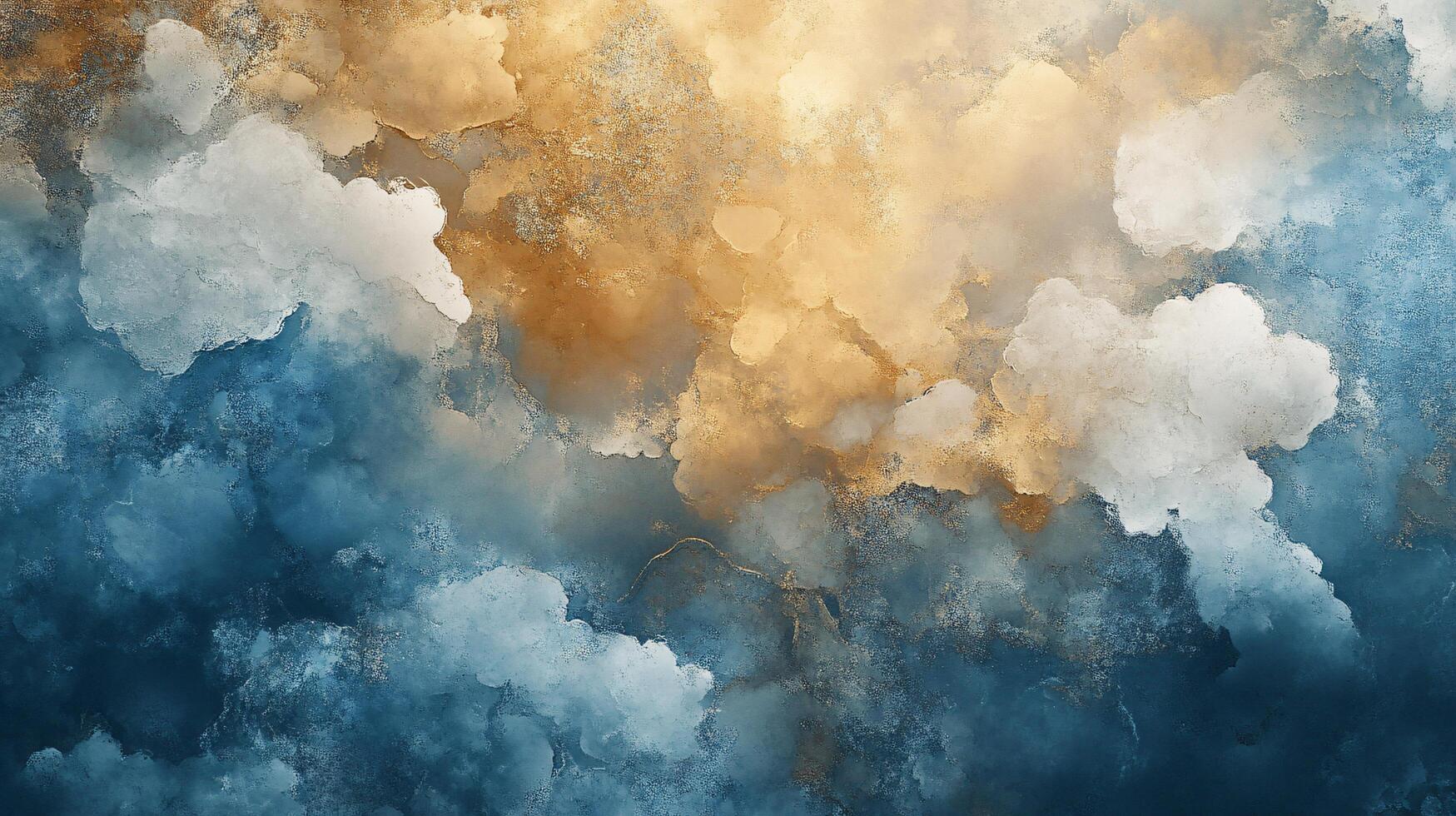 Painting of a cloudy sky with a gold and blue color scheme. The painting has a dreamy and ethereal quality to it, with the clouds appearing to be made of paint rather than water vapor photo