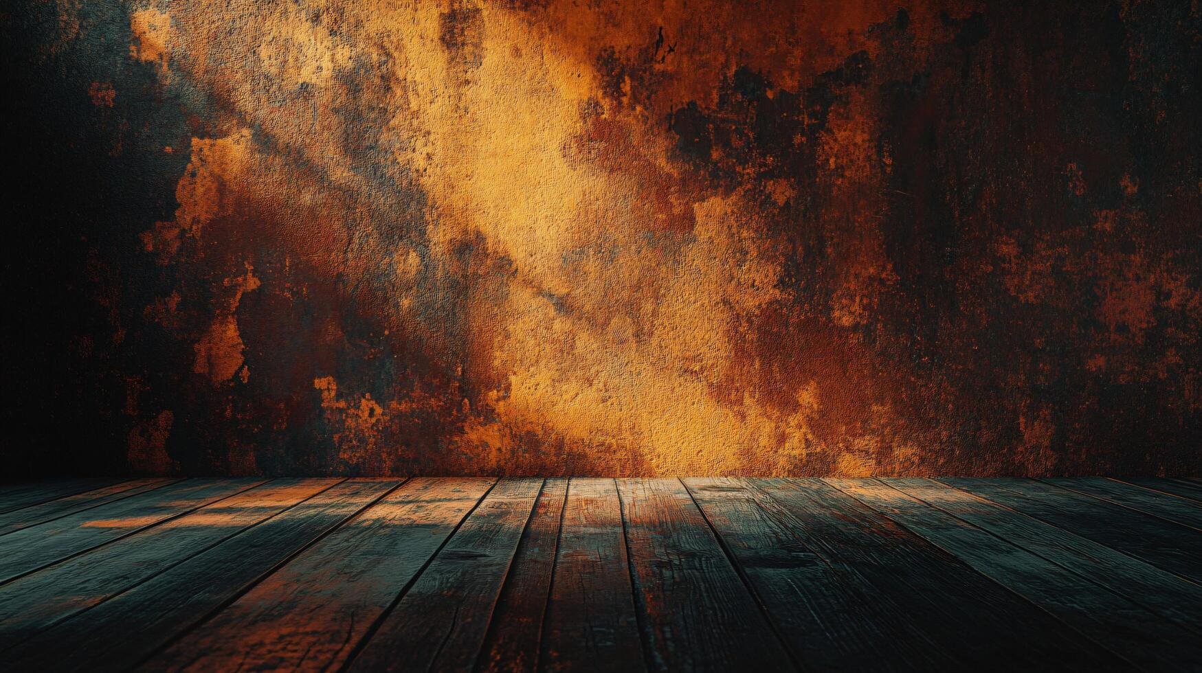 Dark room with a wooden floor and a wall with a lot of splatters of paint. The splatters are orange and brown, giving the room a grungy and chaotic feel photo