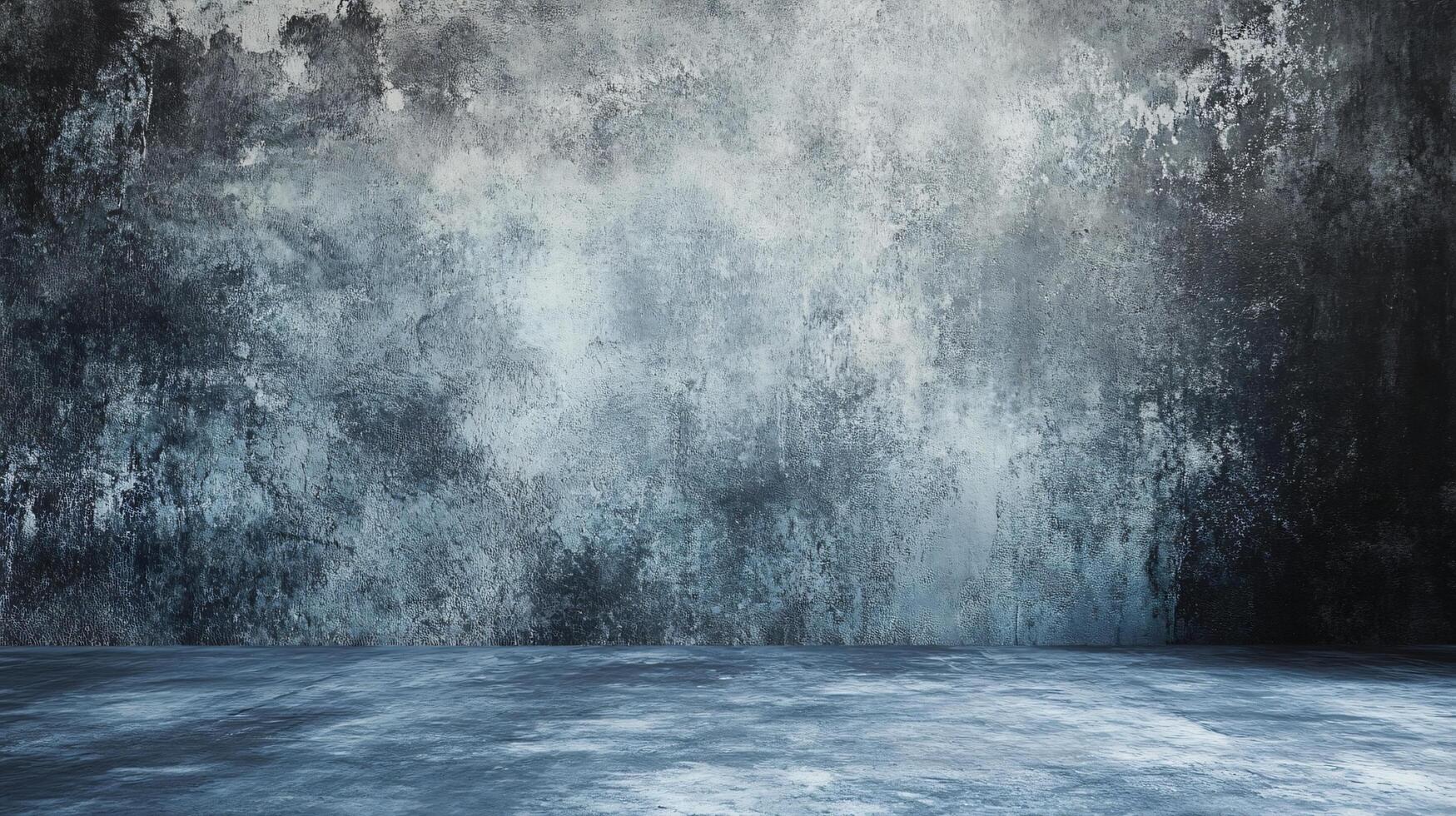The room is a large, empty space with a blue wall. The wall is covered in a textured, slightly grainy paint that gives it a somewhat rough, unfinished appearance photo