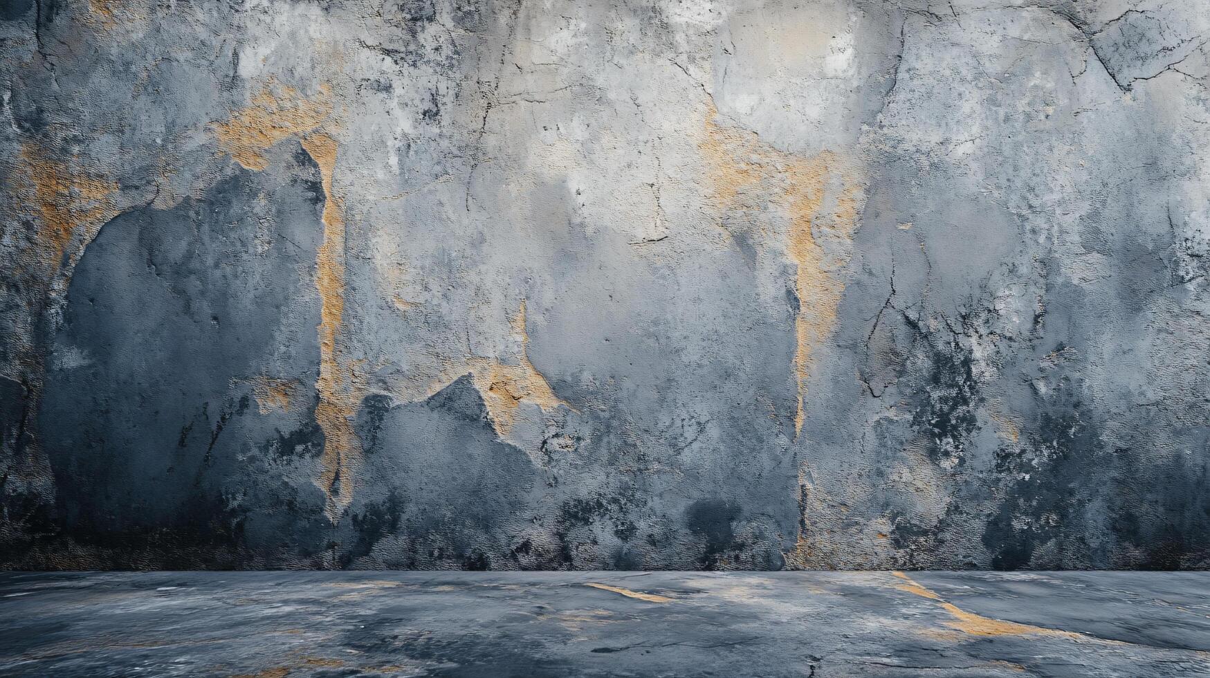 The wall is made of concrete and has a lot of cracks. There are also some spots of gold paint on the cracks photo