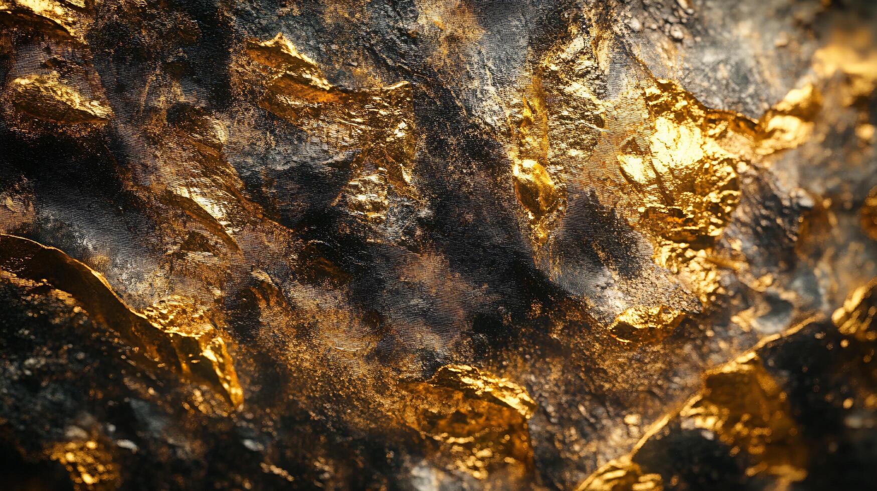 Close up of a rock with gold and black colors. The rock has a rough texture and he is a piece of gold photo