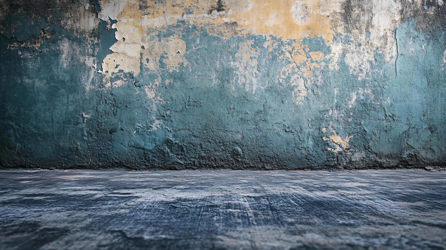 Wall with a blue and white paint job and a large empty space. The wall is covered in graffiti and has a lot of texture. The space is open and has a lot of potential for art or decoration photo