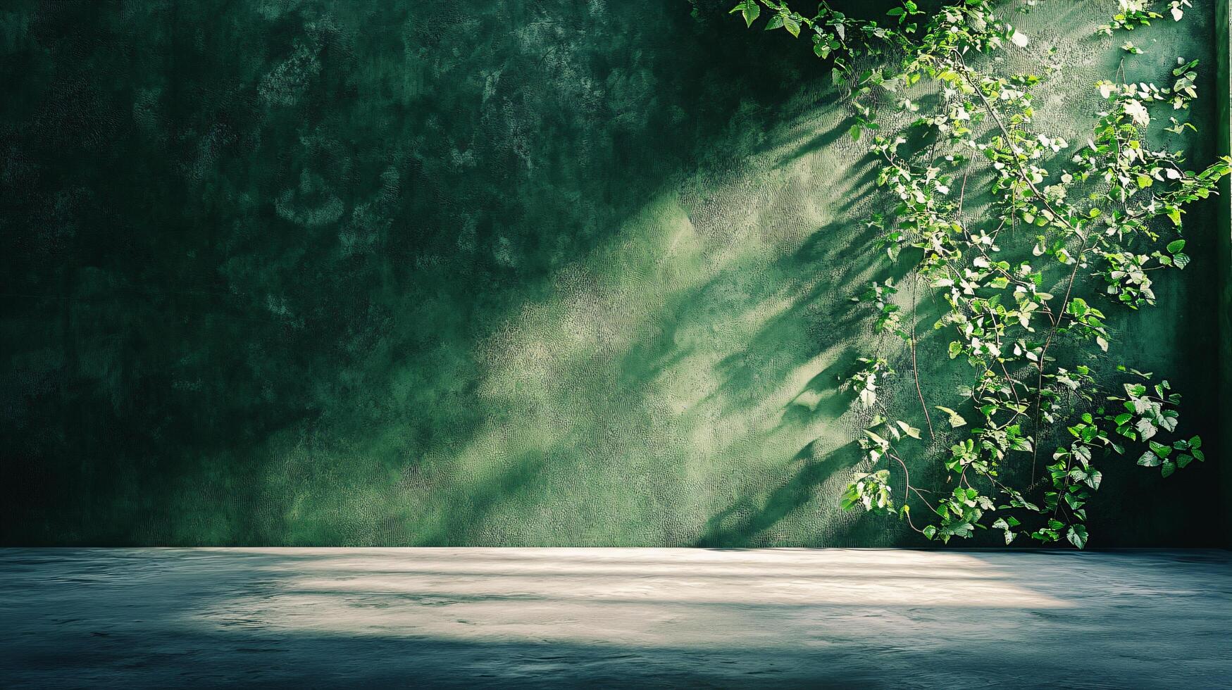 Wall with a green plant growing out of it. The plant is casting a shadow on the wall photo