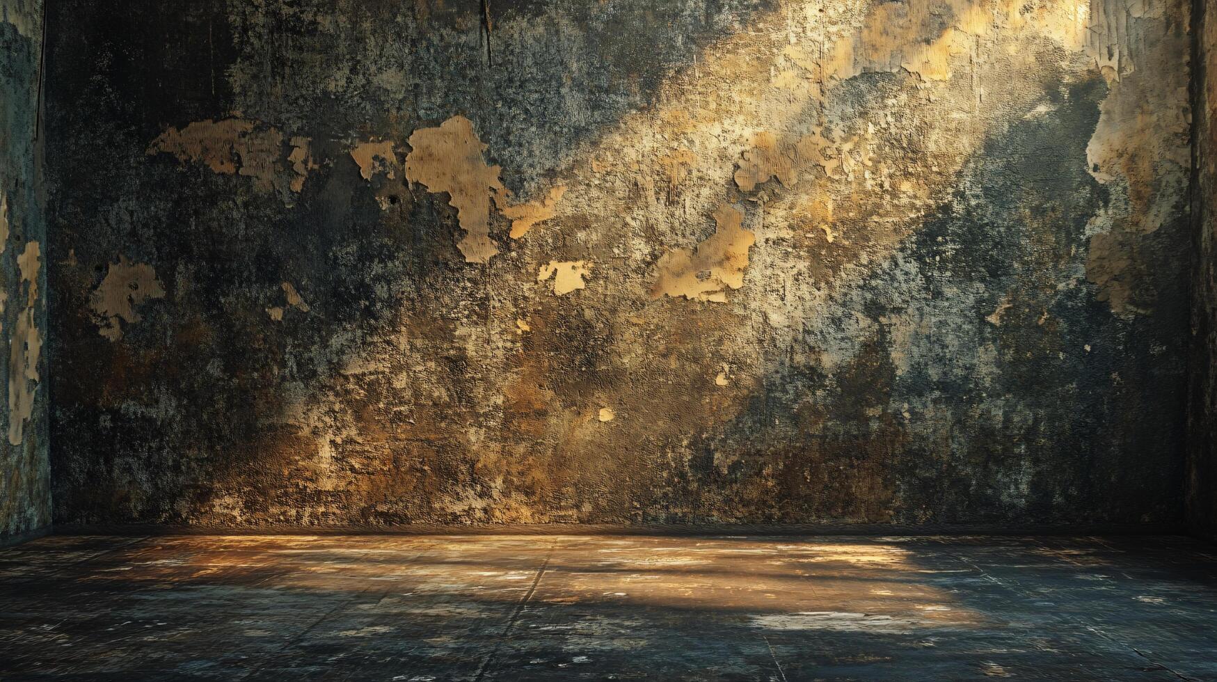 Room with a wall that is covered in cracks and peeling paint. The room is empty and has a very dark and gloomy atmosphere photo