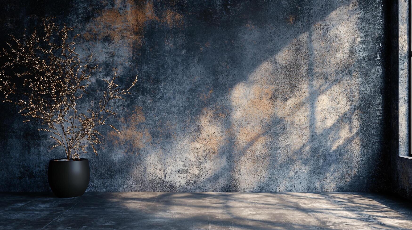 Black vase with a tree in it sits in front of a wall with a blue and white pattern. The room is empty and the vase is the only object in the space photo
