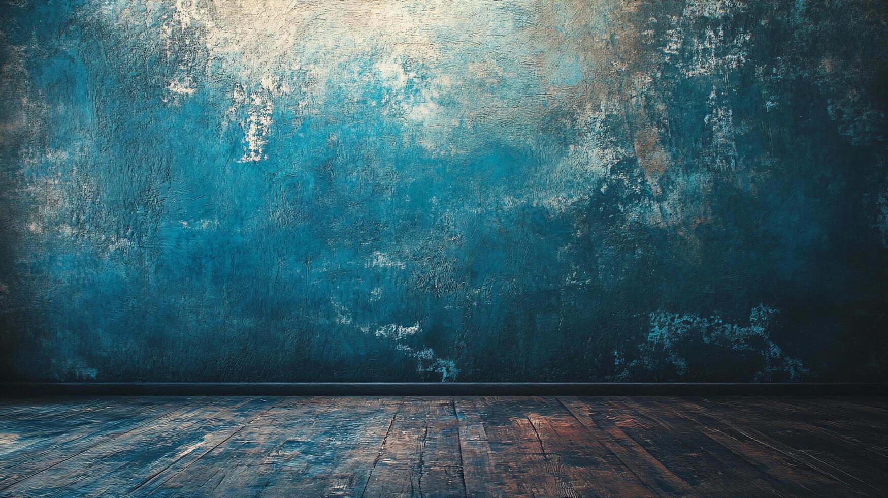 Blue wall with a wooden floor and a blue sky in the background. The wall is covered in graffiti and the floor is made of wood. Scene is somewhat dark and gritty photo