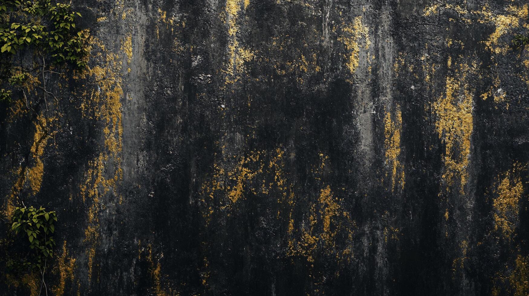 Wall with a black background and gold streaks. The wall is covered in green plants. The wall is old and has a lot of texture photo