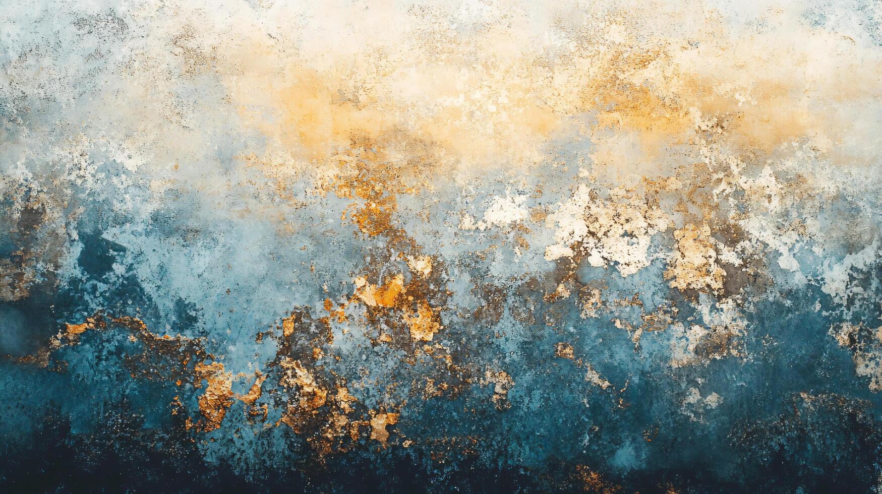 Painting of a blue sky with orange and yellow splatters. The painting has a feeling of chaos and disorder, with the splatters of color creating a sense of movement and energy photo