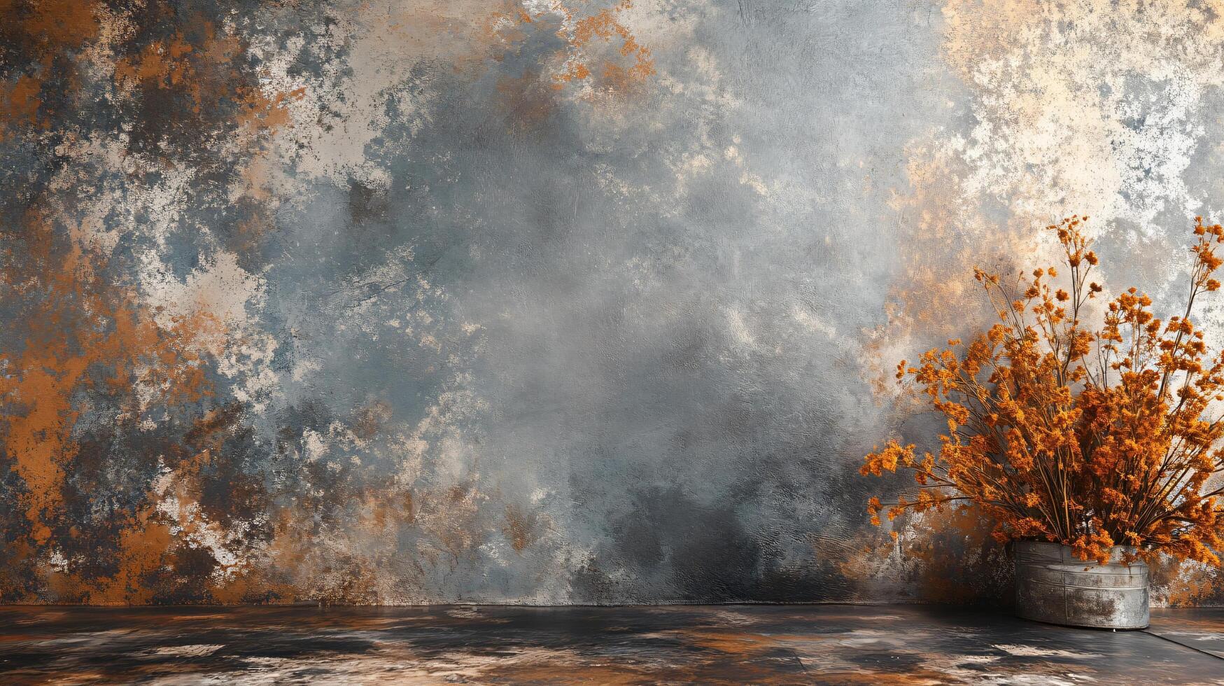 Wall with a painting of a tree and a vase of flowers. The painting is abstract and the vase is orange photo