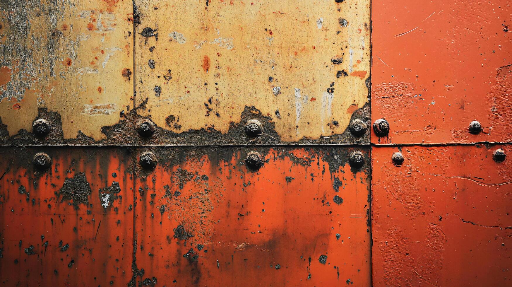The image is of a rusty metal surface with a lot of holes and dents. The surface is orange and yellow, and it looks like it has been exposed to the elements for a long time. Scene is somewhat bleak photo