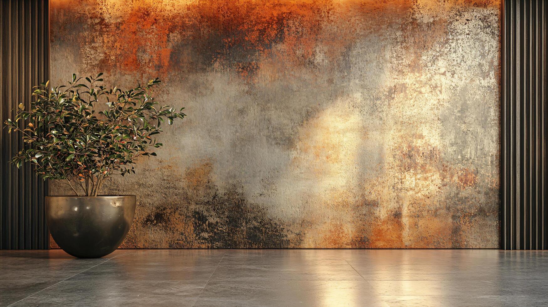 Large wall with a plant in a pot and a large vase. The wall is painted in a rustic style with a lot of texture photo