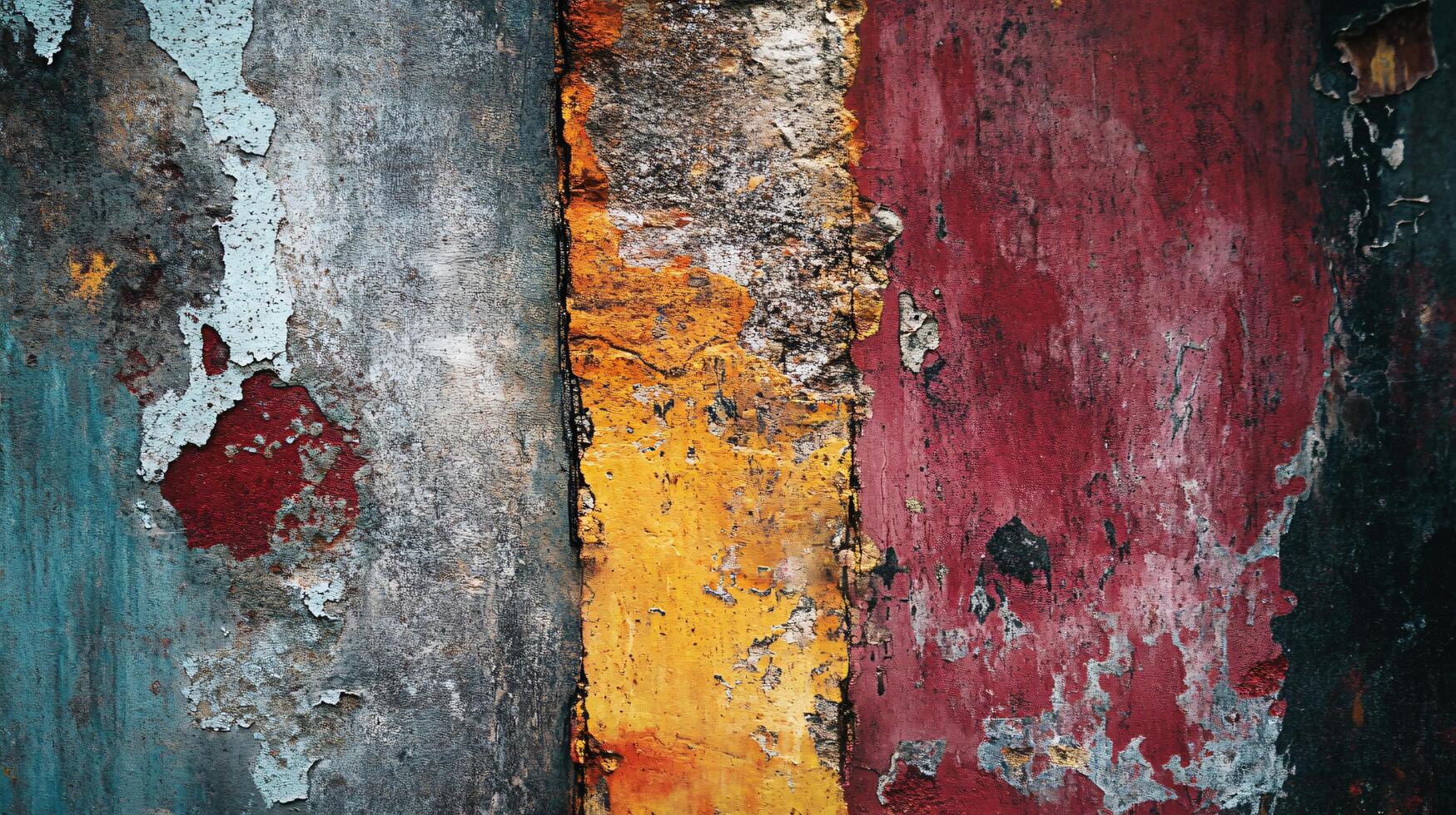 Wall with a lot of cracks and peeling paint. The wall is made up of three different colors, with the middle one being yellow photo