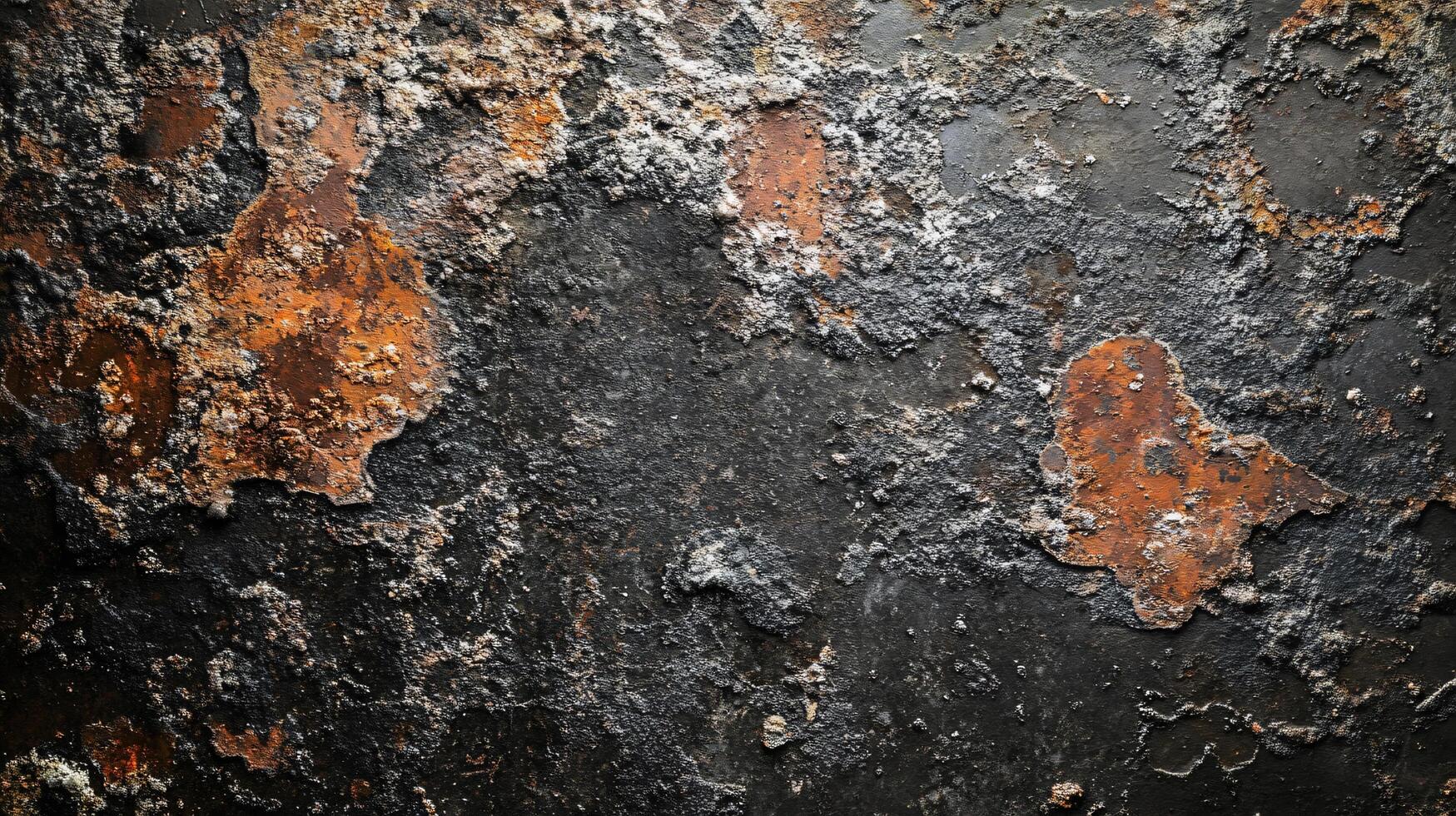 Black and rusty surface with a few spots of white. The surface is rough and uneven. The image has a moody and somewhat eerie feel to it photo
