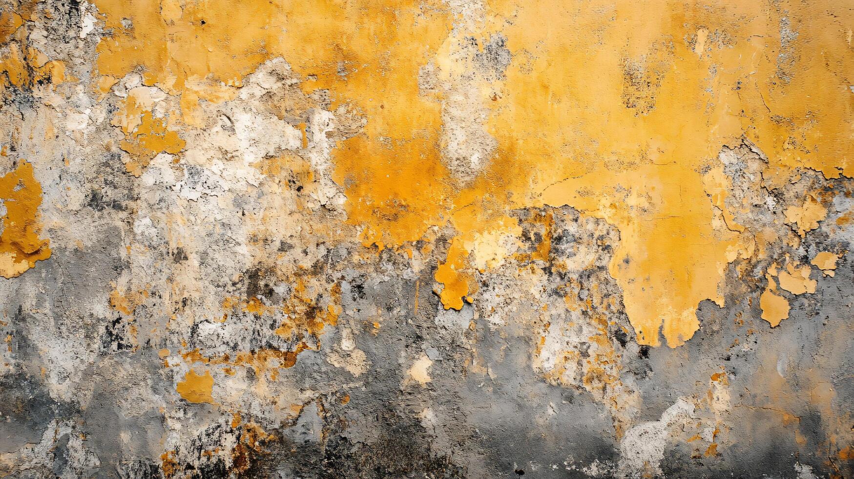 Wall with a lot of cracks and peeling paint. The wall is yellow and gray. The wall has a lot of texture and he is old photo