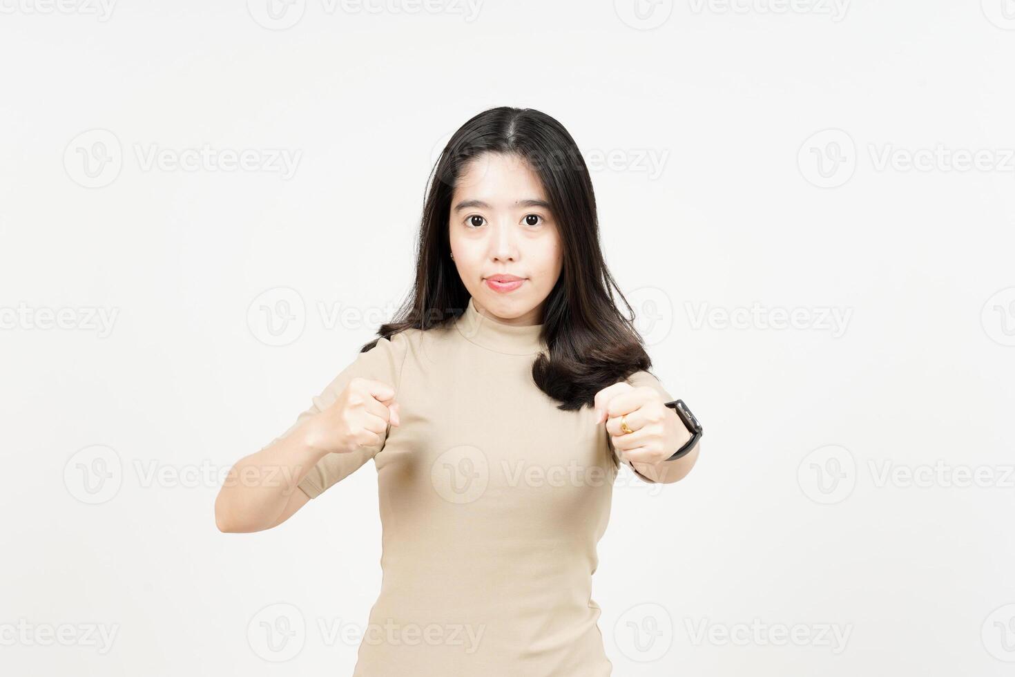Punching fist to fight Of Beautiful Asian Woman Isolated On White Background photo