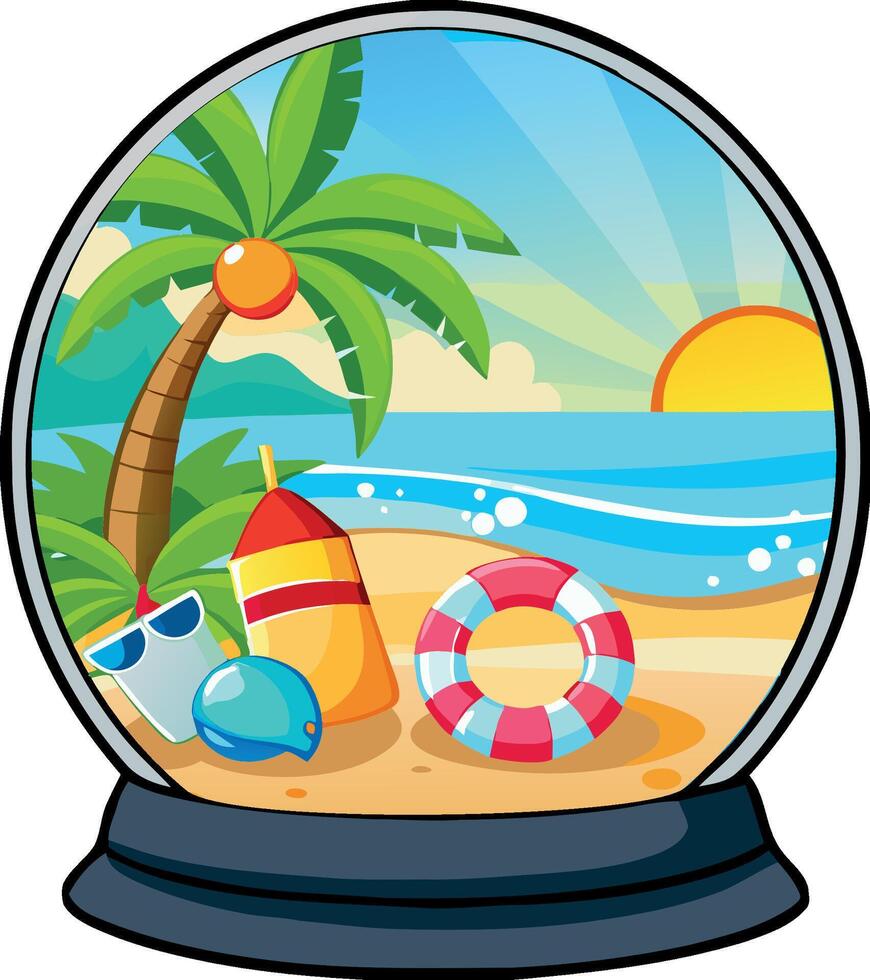 A beach scene with a life preserver, umbrella and palm tree vector
